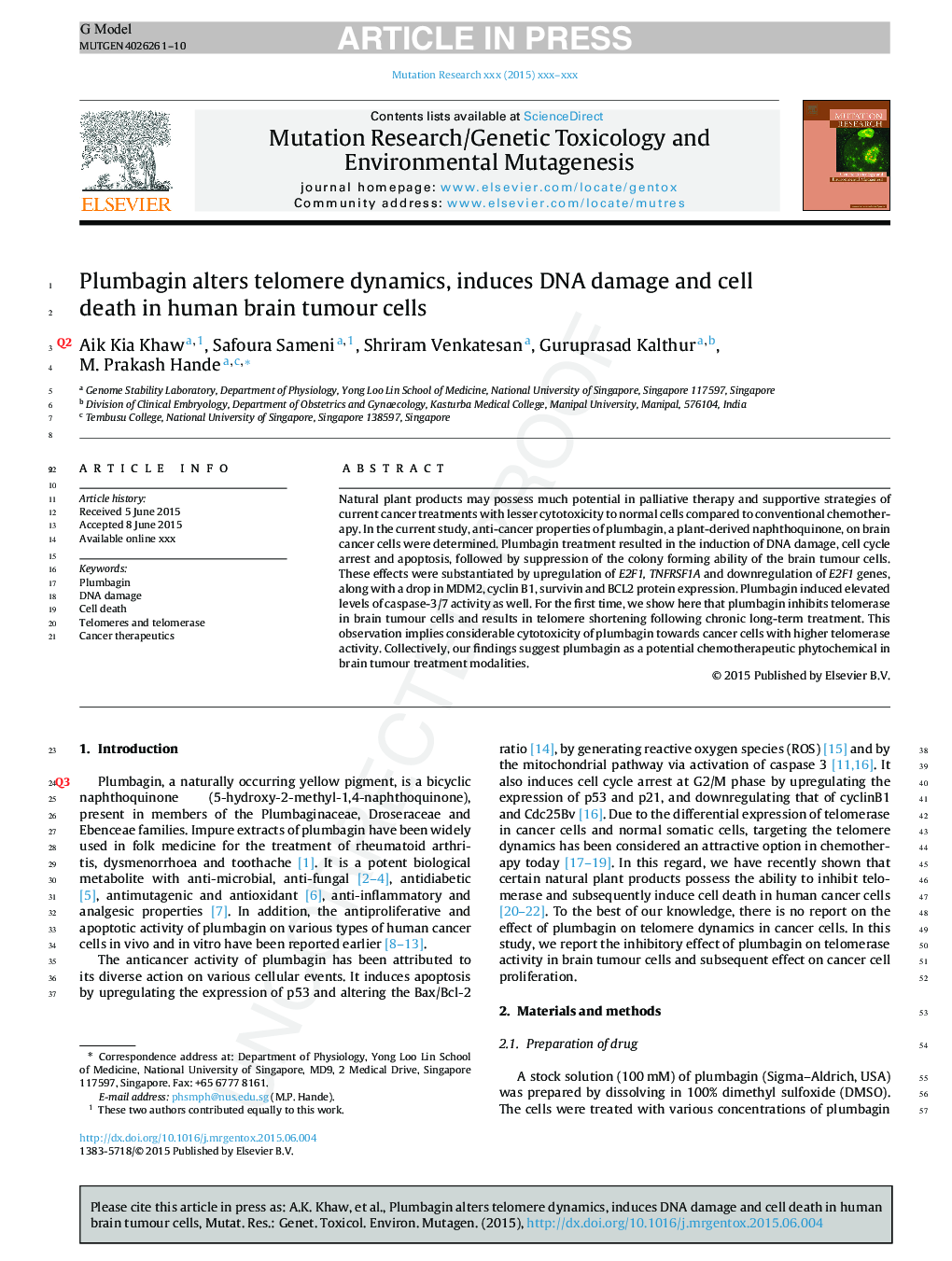 Plumbagin alters telomere dynamics, induces DNA damage and cell death in human brain tumour cells