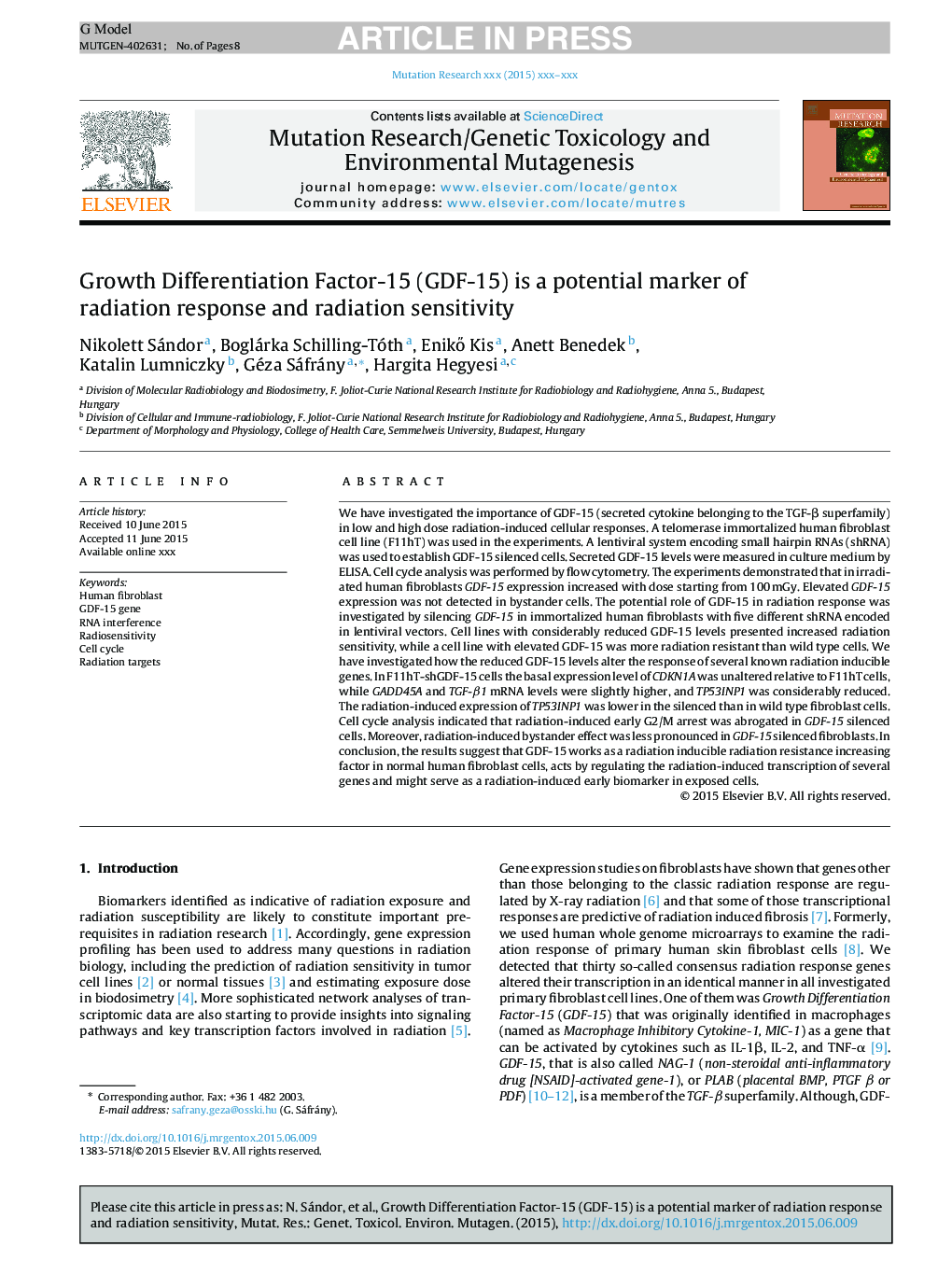 Growth Differentiation Factor-15 (GDF-15) is a potential marker of radiation response and radiation sensitivity