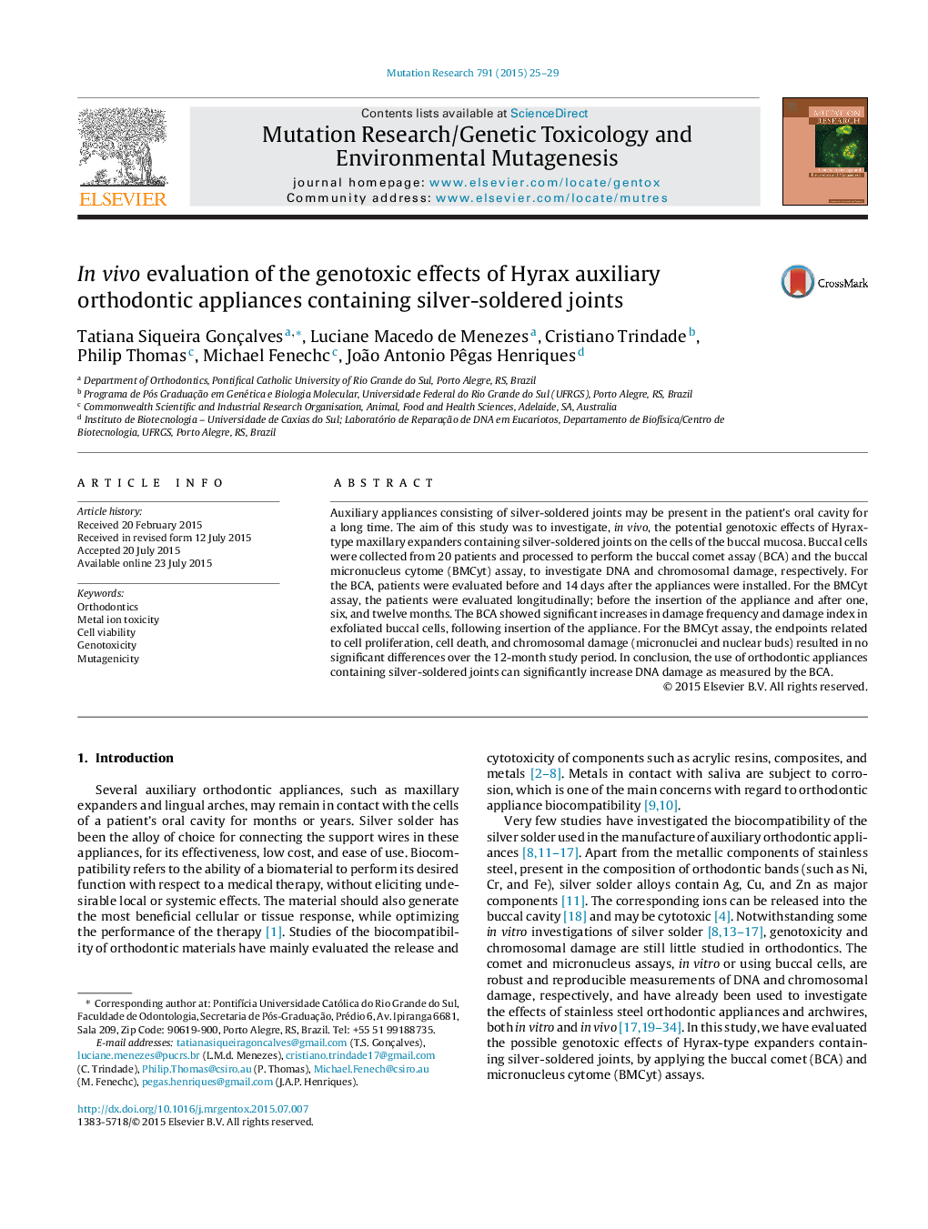 In vivo evaluation of the genotoxic effects of Hyrax auxiliary orthodontic appliances containing silver-soldered joints