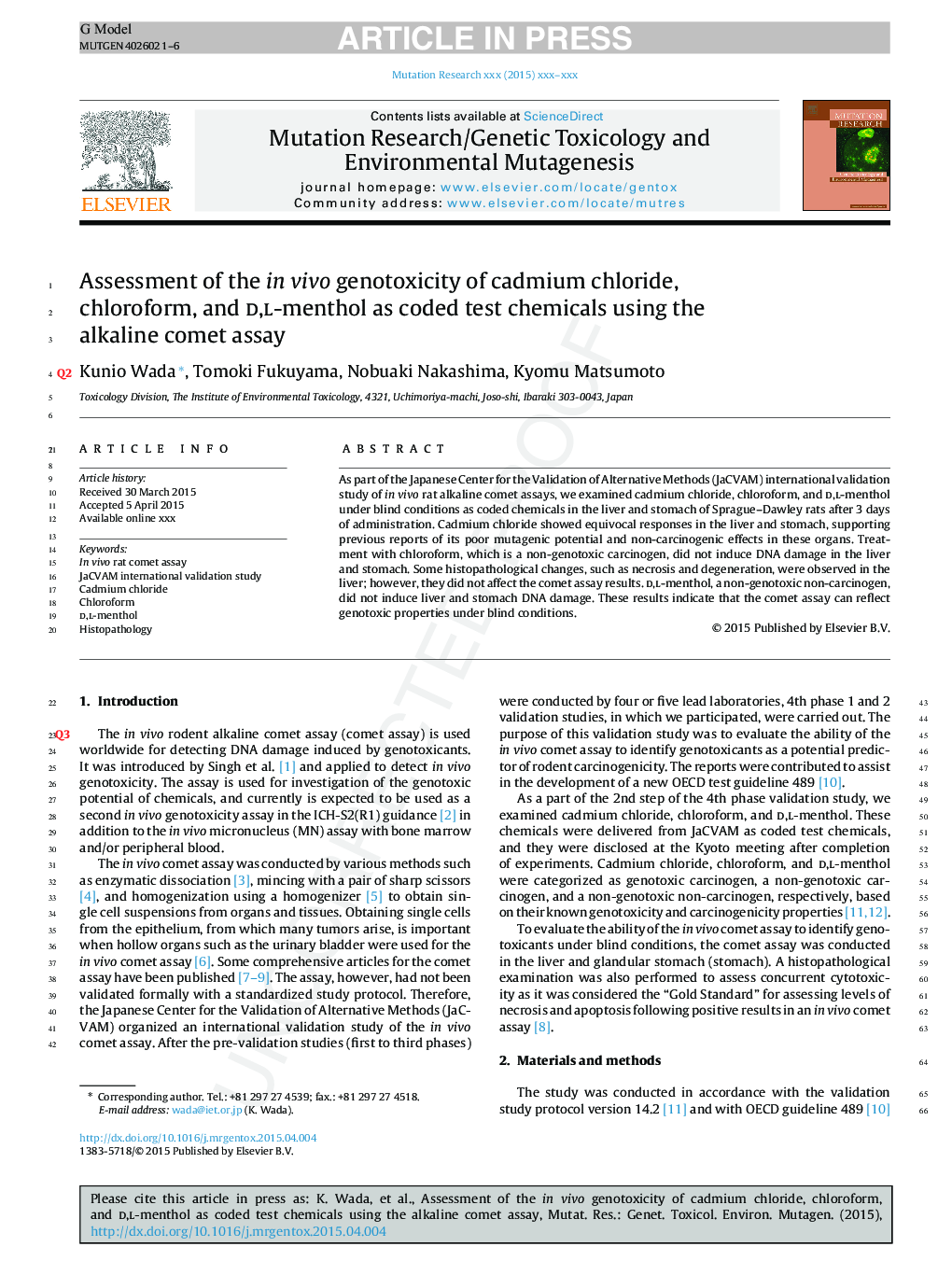 Assessment of the in vivo genotoxicity of cadmium chloride, chloroform, and d,l-menthol as coded test chemicals using the alkaline comet assay