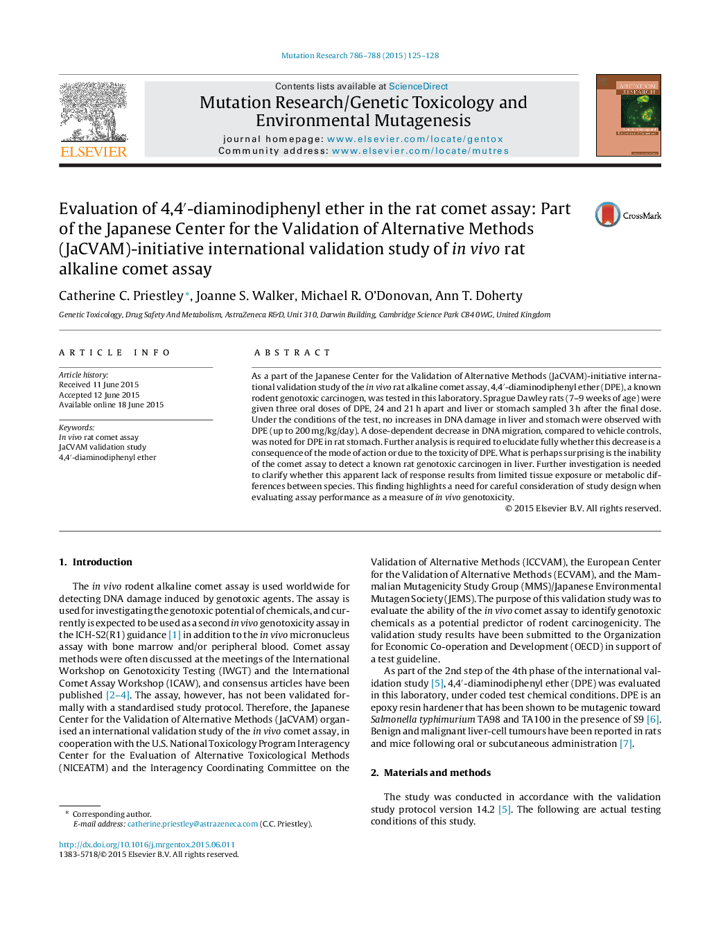 Evaluation of 4,4â²-diaminodiphenyl ether in the rat comet assay: Part of the Japanese Center for the Validation of Alternative Methods (JaCVAM)-initiative international validation study of in vivo rat alkaline comet assay