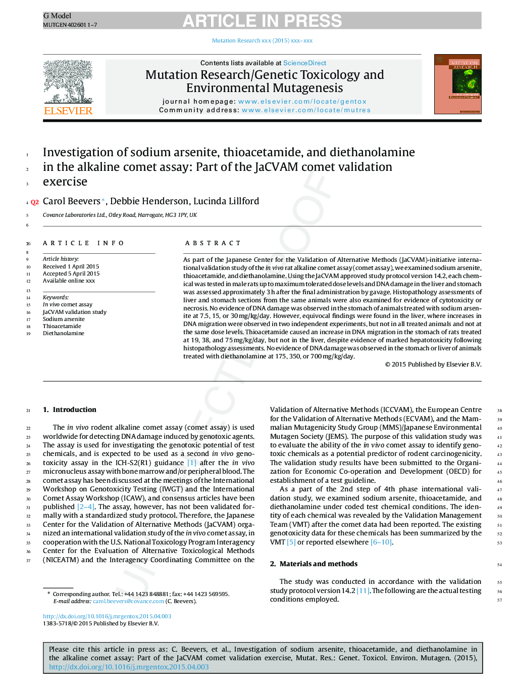 Investigation of sodium arsenite, thioacetamide, and diethanolamine in the alkaline comet assay: Part of the JaCVAM comet validation exercise