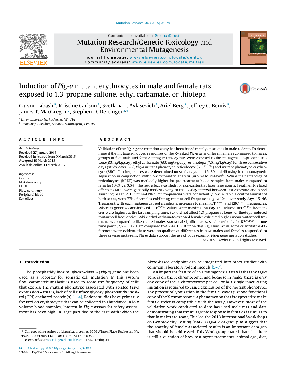 Induction of Pig-a mutant erythrocytes in male and female rats exposed to 1,3-propane sultone, ethyl carbamate, or thiotepa