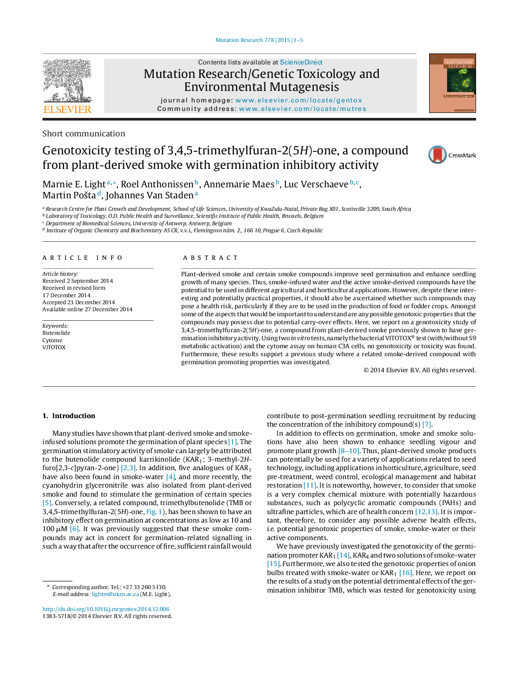 Genotoxicity testing of 3,4,5-trimethylfuran-2(5H)-one, a compound from plant-derived smoke with germination inhibitory activity