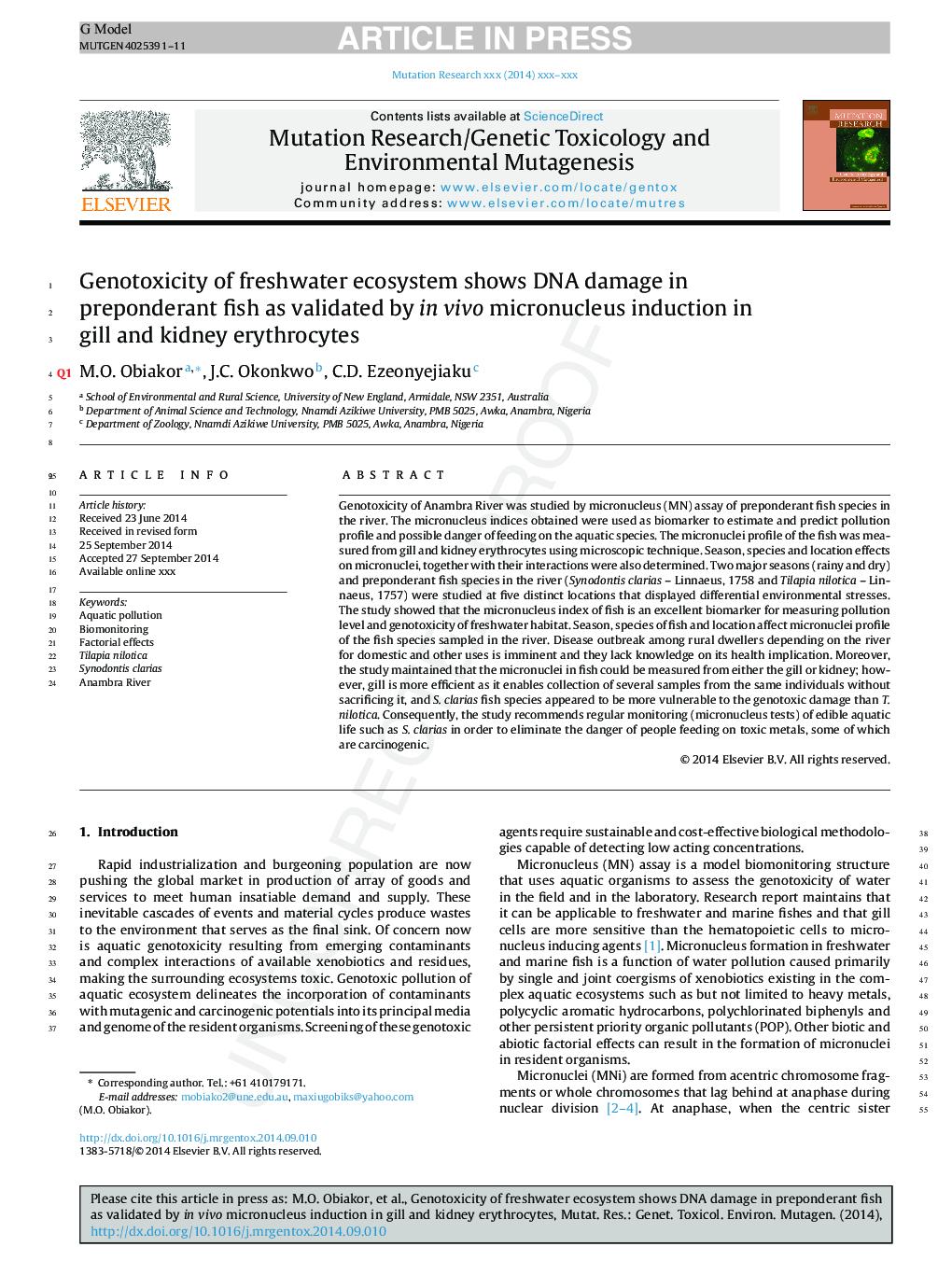 Genotoxicity of freshwater ecosystem shows DNA damage in preponderant fish as validated by in vivo micronucleus induction in gill and kidney erythrocytes