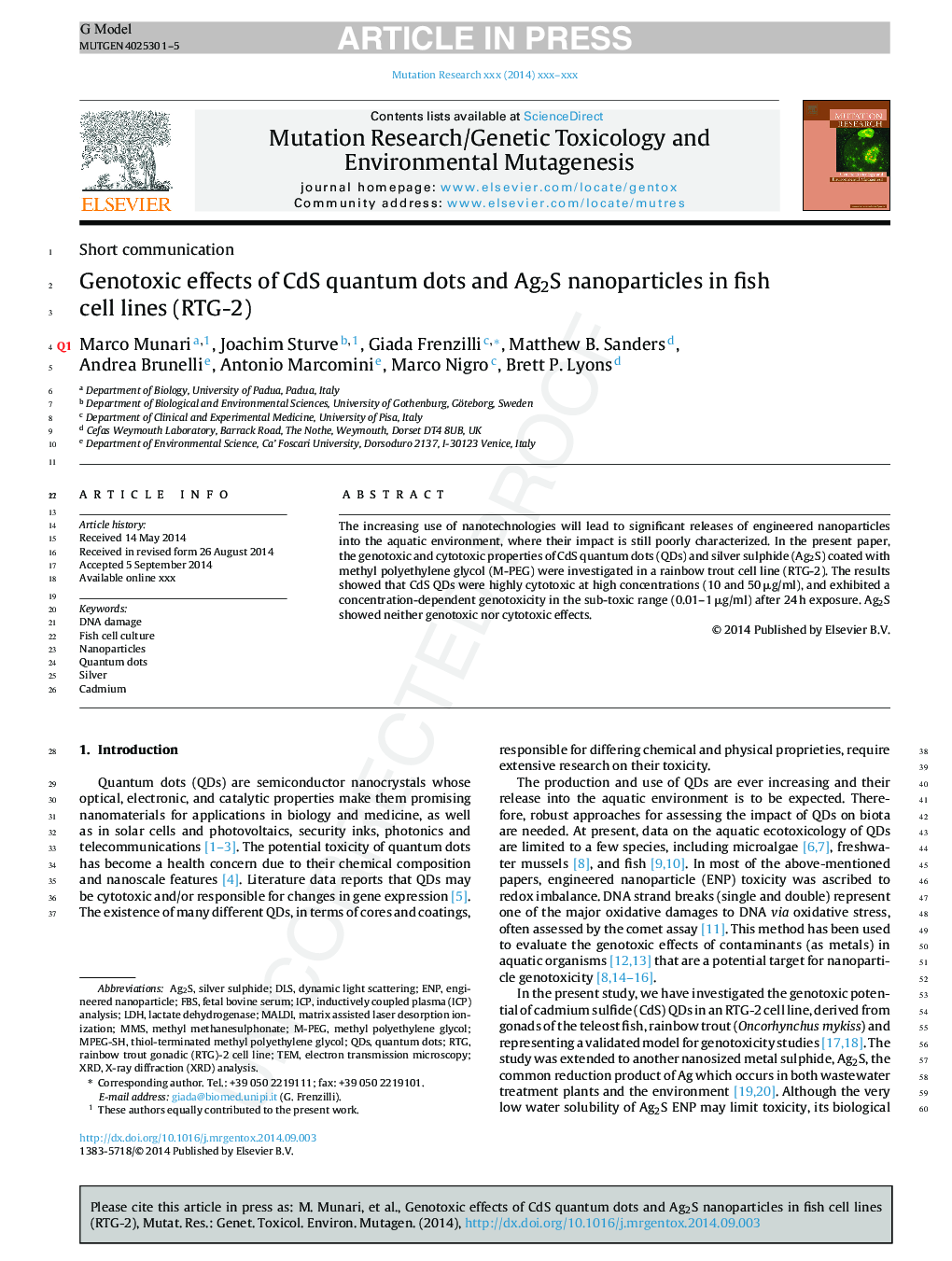 Genotoxic effects of CdS quantum dots and Ag2S nanoparticles in fish cell lines (RTG-2)