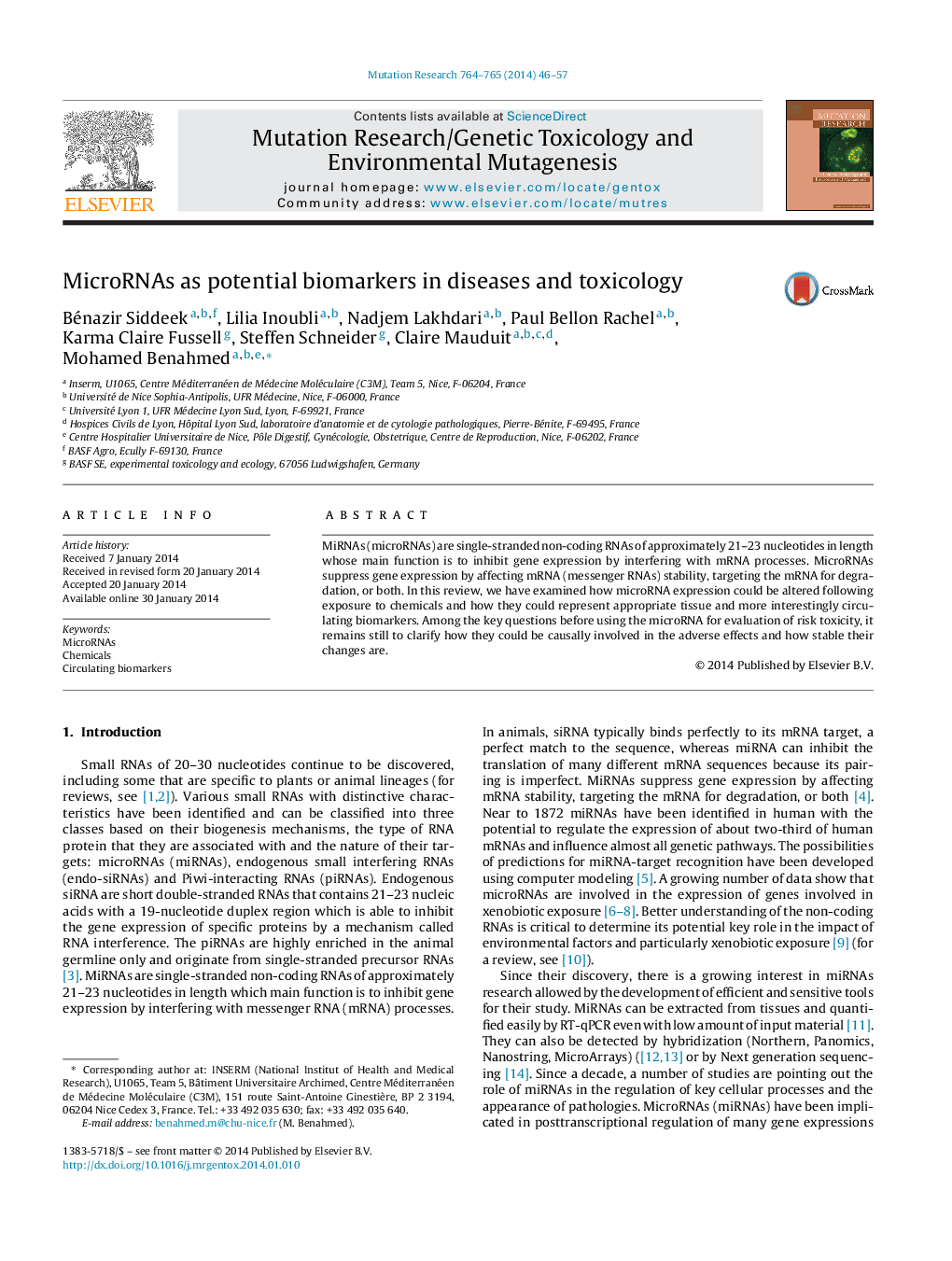 MicroRNAs as potential biomarkers in diseases and toxicology