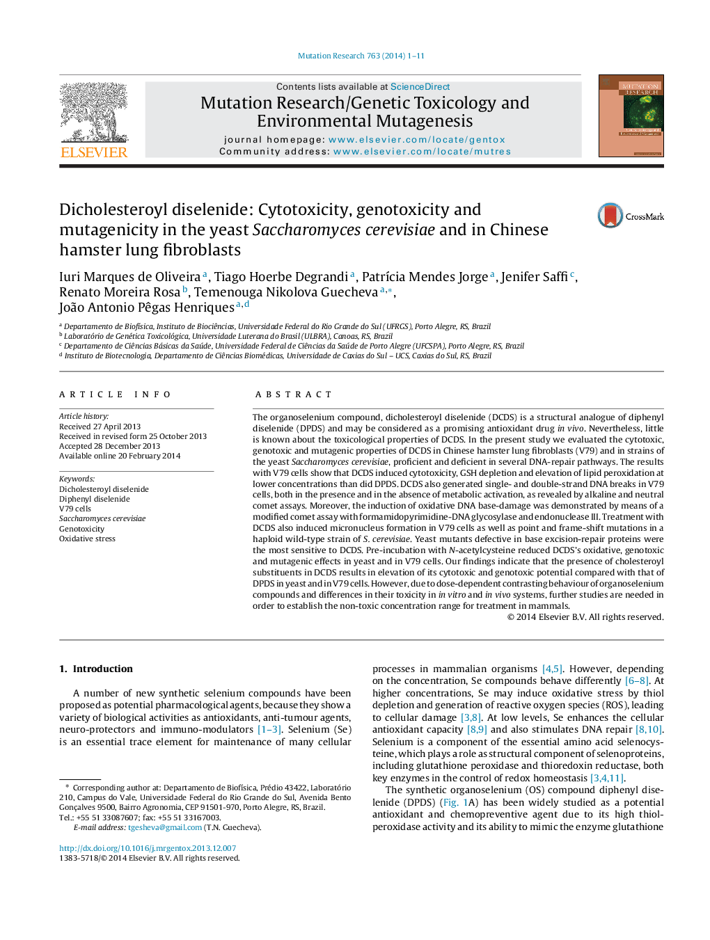 Dicholesteroyl diselenide: Cytotoxicity, genotoxicity and mutagenicity in the yeast Saccharomyces cerevisiae and in Chinese hamster lung fibroblasts