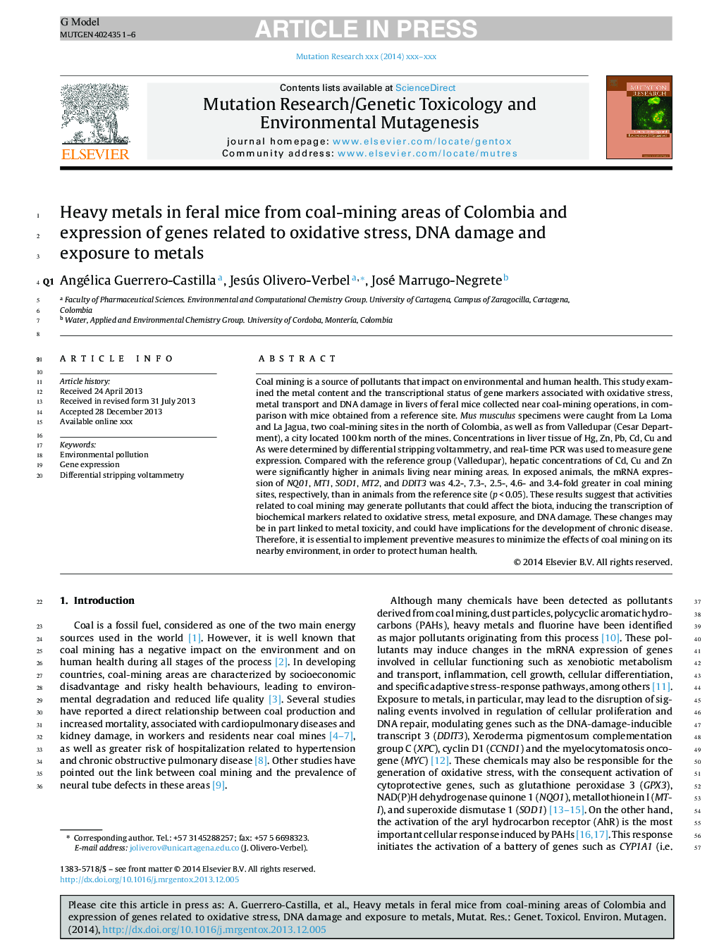 Heavy metals in wild house mice from coal-mining areas of Colombia and expression of genes related to oxidative stress, DNA damage and exposure to metals