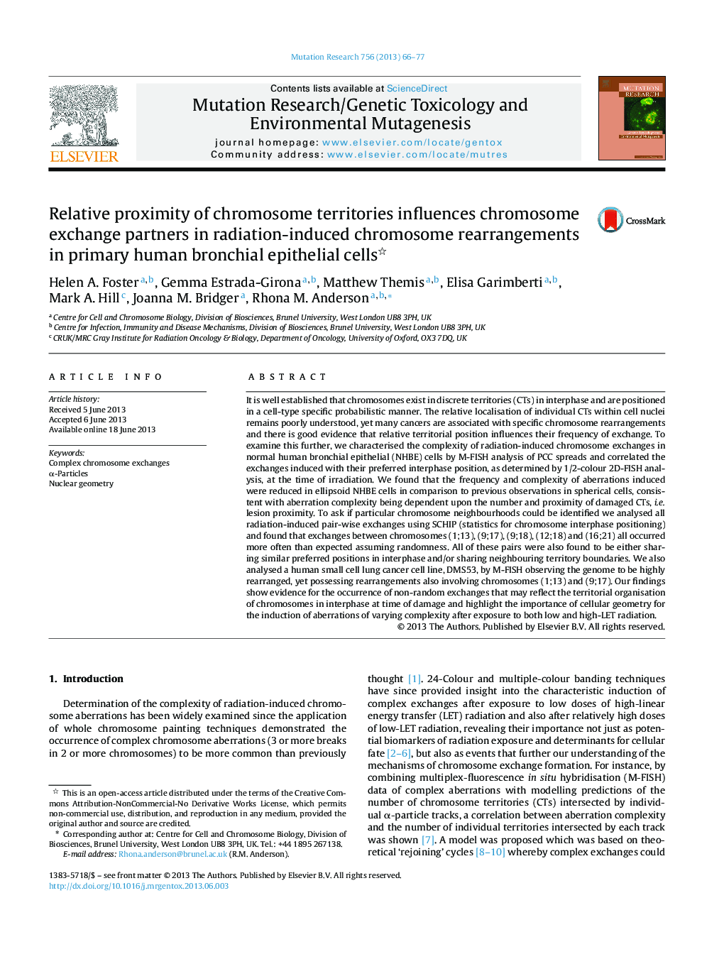 Relative proximity of chromosome territories influences chromosome exchange partners in radiation-induced chromosome rearrangements in primary human bronchial epithelial cells