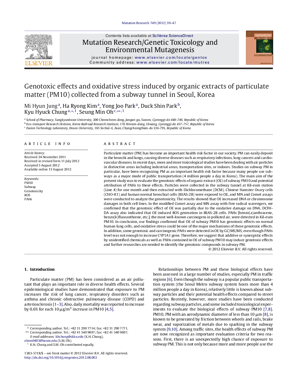 Genotoxic effects and oxidative stress induced by organic extracts of particulate matter (PM10) collected from a subway tunnel in Seoul, Korea