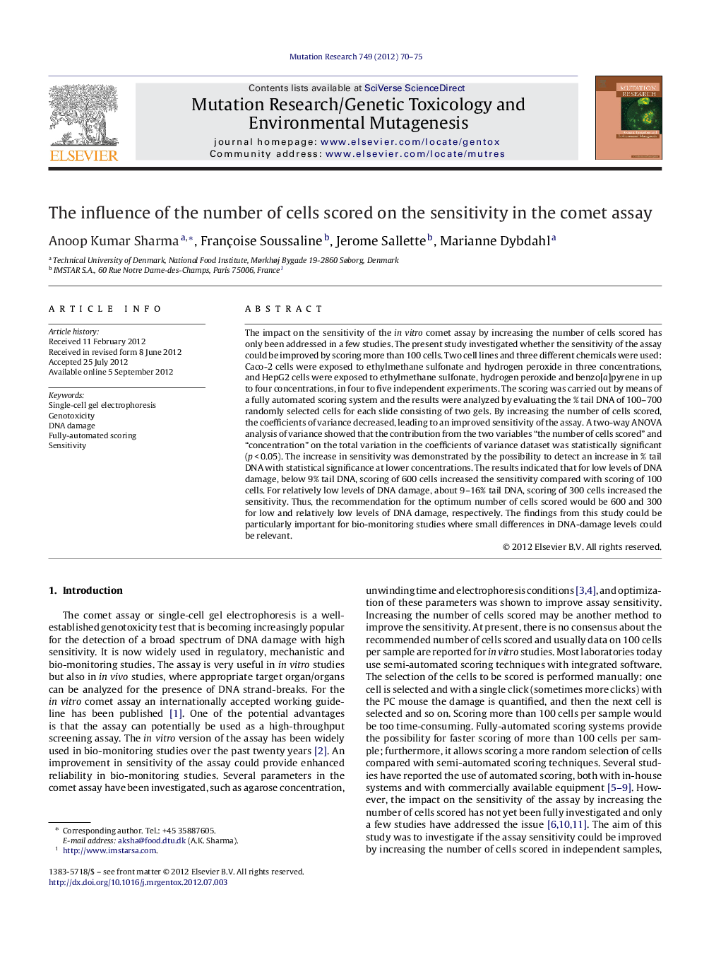 The influence of the number of cells scored on the sensitivity in the comet assay