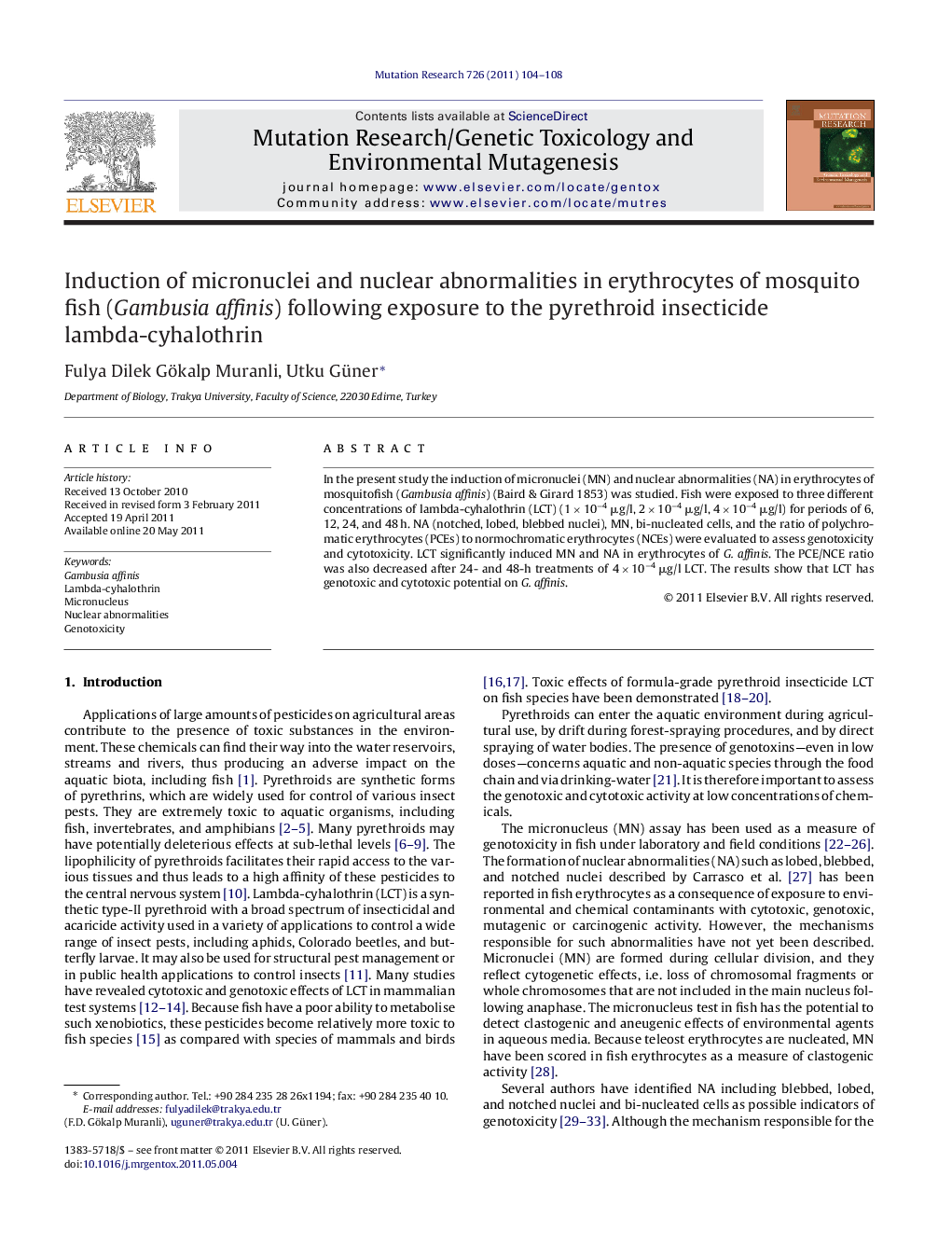 Induction of micronuclei and nuclear abnormalities in erythrocytes of mosquito fish (Gambusia affinis) following exposure to the pyrethroid insecticide lambda-cyhalothrin