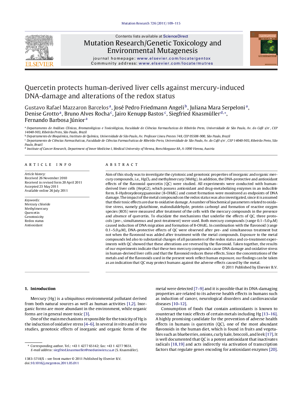 Quercetin protects human-derived liver cells against mercury-induced DNA-damage and alterations of the redox status