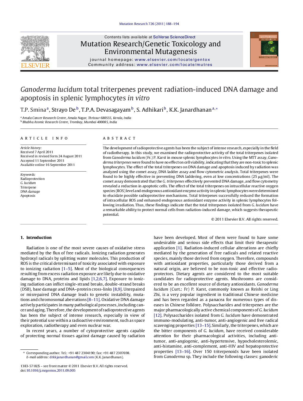 Ganoderma lucidum total triterpenes prevent radiation-induced DNA damage and apoptosis in splenic lymphocytes in vitro