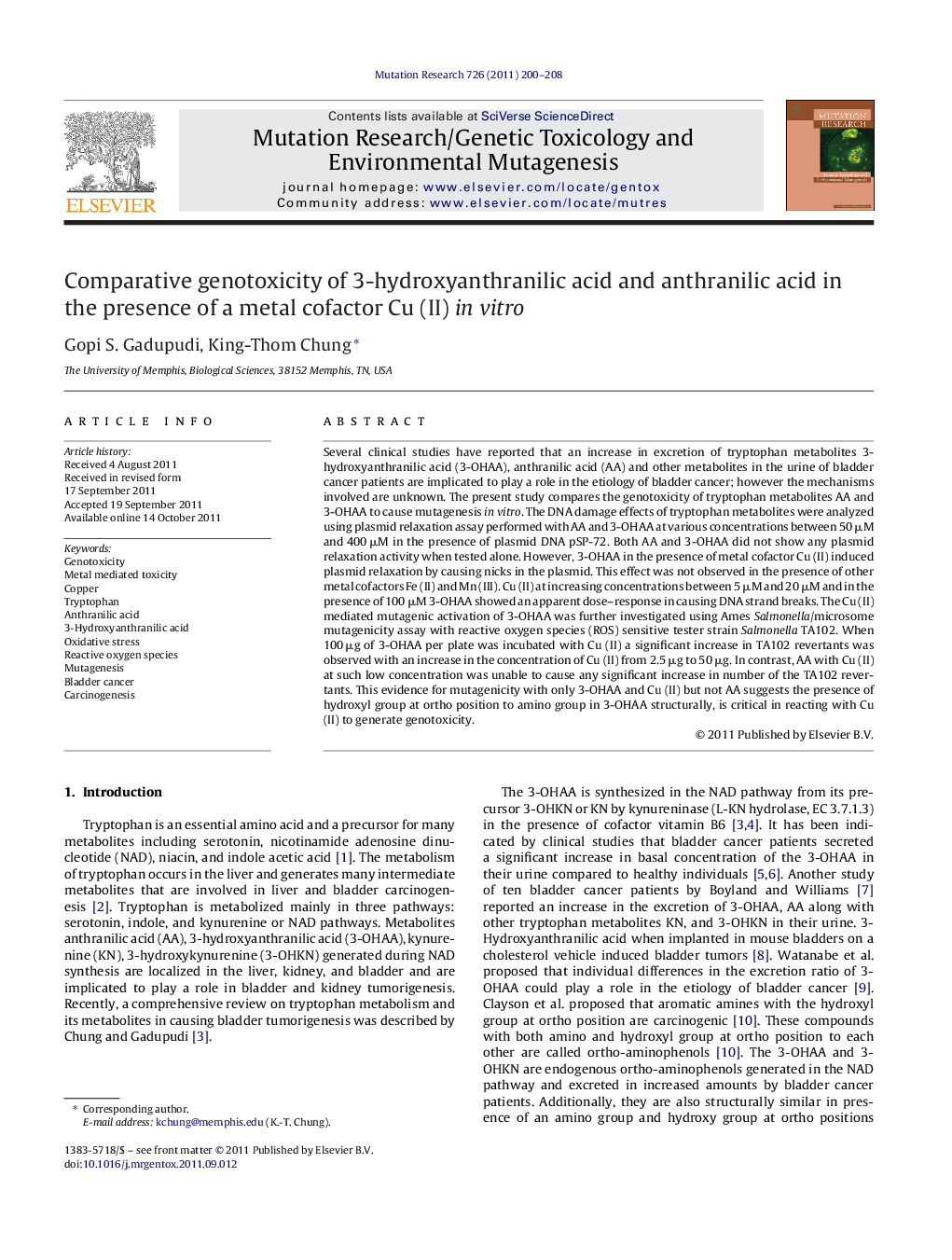 Comparative genotoxicity of 3-hydroxyanthranilic acid and anthranilic acid in the presence of a metal cofactor Cu (II) in vitro