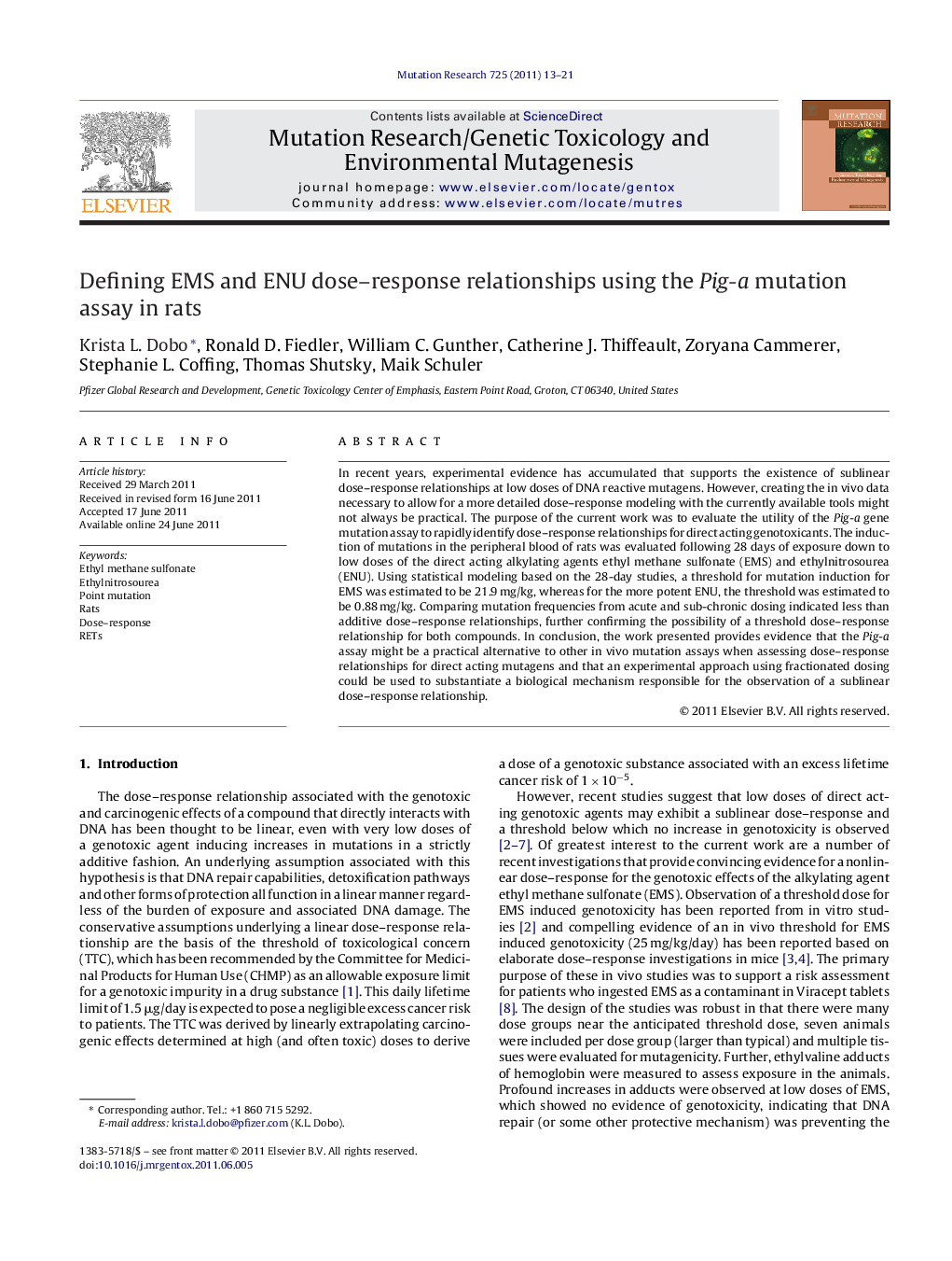 Defining EMS and ENU dose-response relationships using the Pig-a mutation assay in rats