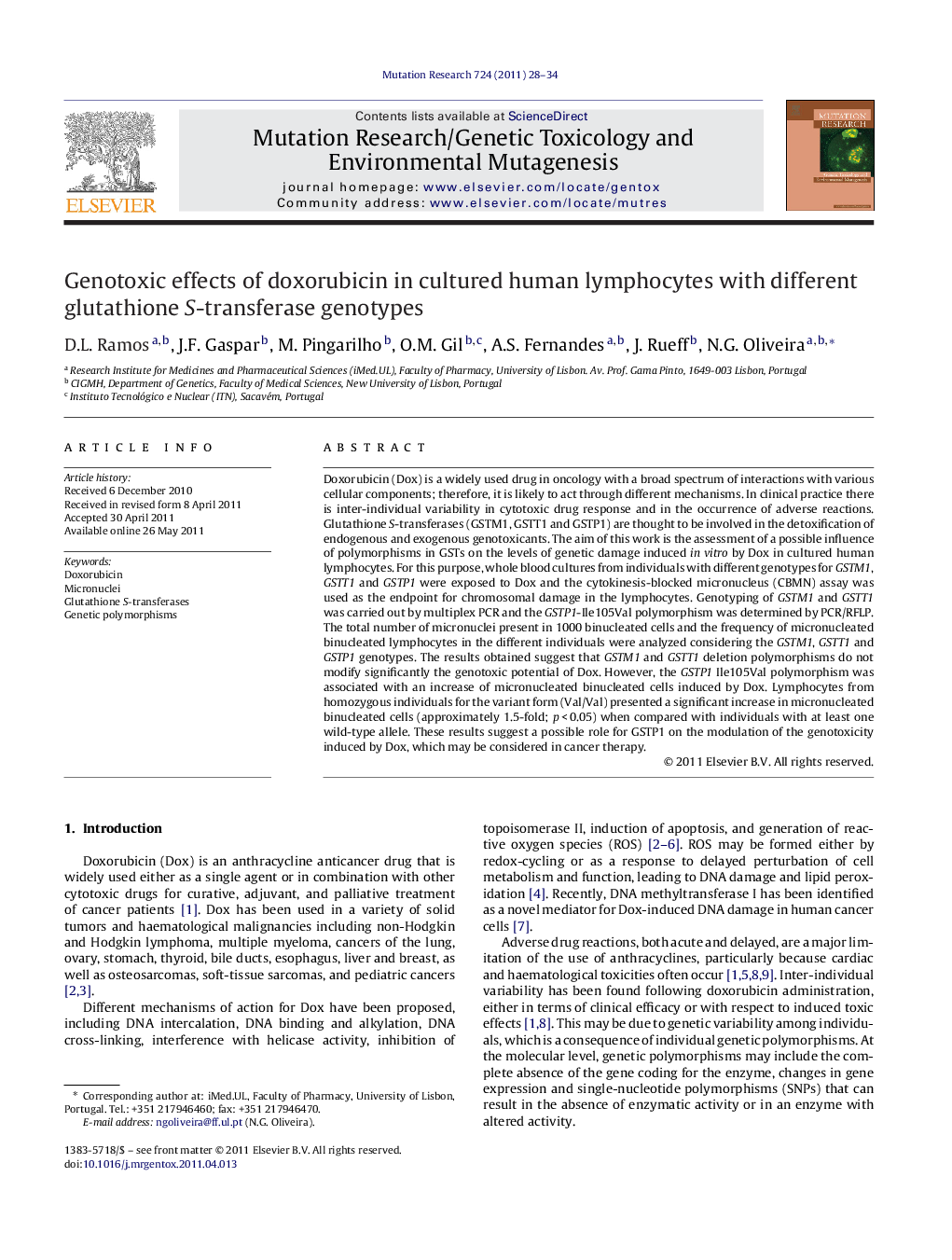 Genotoxic effects of doxorubicin in cultured human lymphocytes with different glutathione S-transferase genotypes