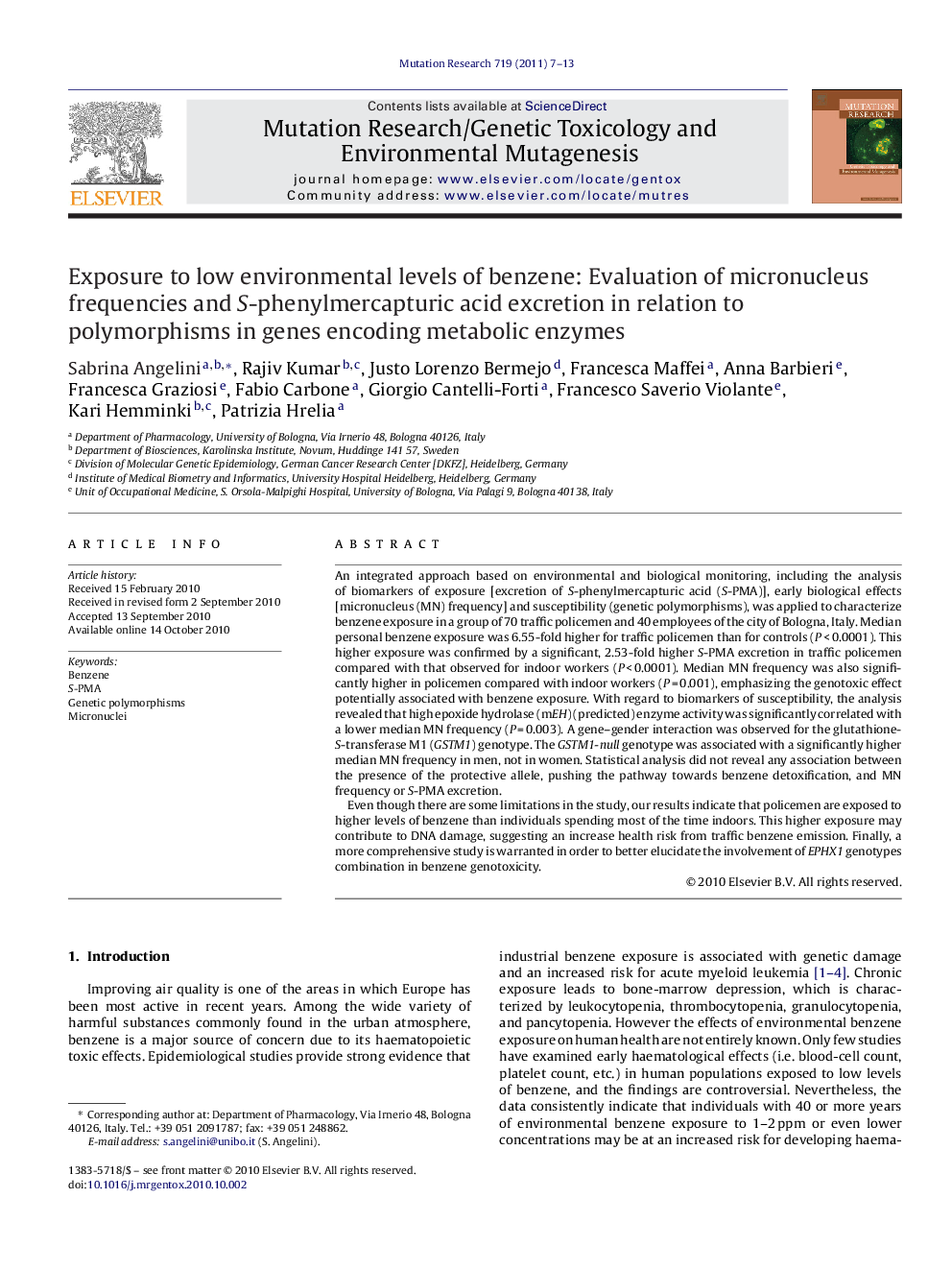 Exposure to low environmental levels of benzene: Evaluation of micronucleus frequencies and S-phenylmercapturic acid excretion in relation to polymorphisms in genes encoding metabolic enzymes