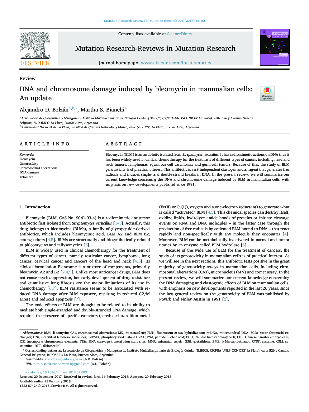 DNA and chromosome damage induced by bleomycin in mammalian cells: An update