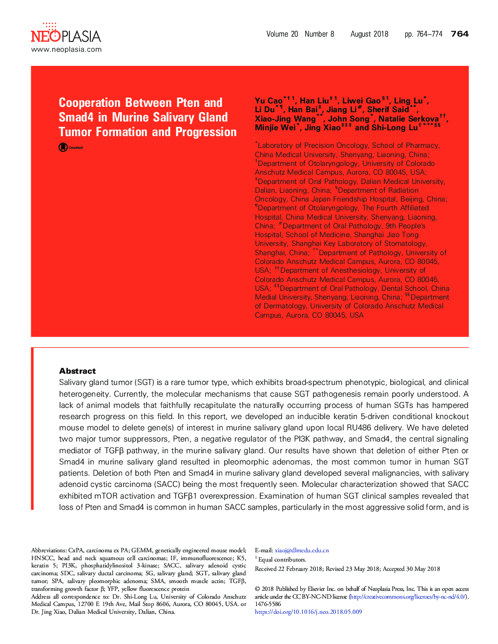 Cooperation Between Pten and Smad4 in Murine Salivary Gland Tumor Formation and Progression