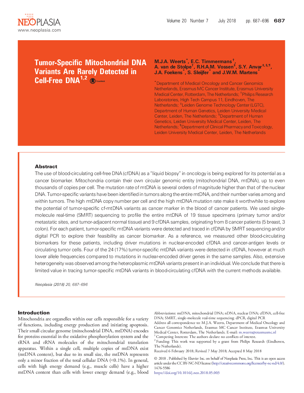 Tumor-Specific Mitochondrial DNA Variants Are Rarely Detected in Cell-Free DNA