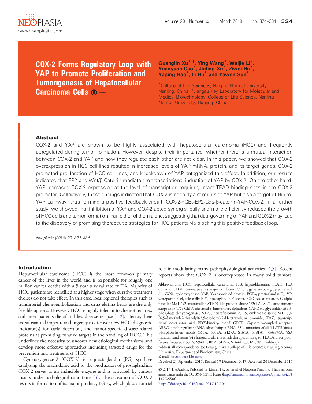 COX-2 Forms Regulatory Loop with YAP to Promote Proliferation and Tumorigenesis of Hepatocellular Carcinoma Cells