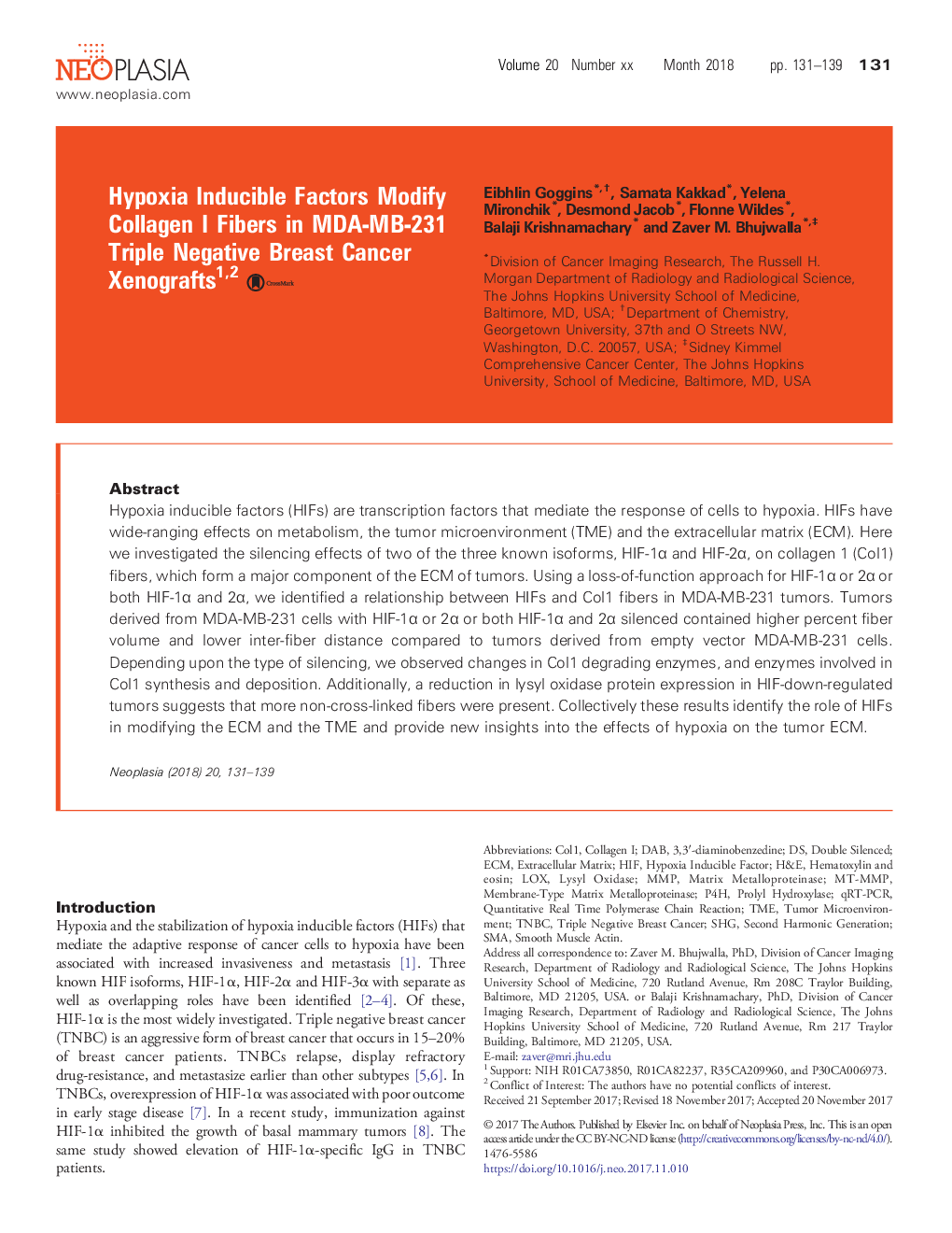 Hypoxia Inducible Factors Modify Collagen I Fibers in MDA-MB-231 Triple Negative Breast Cancer Xenografts