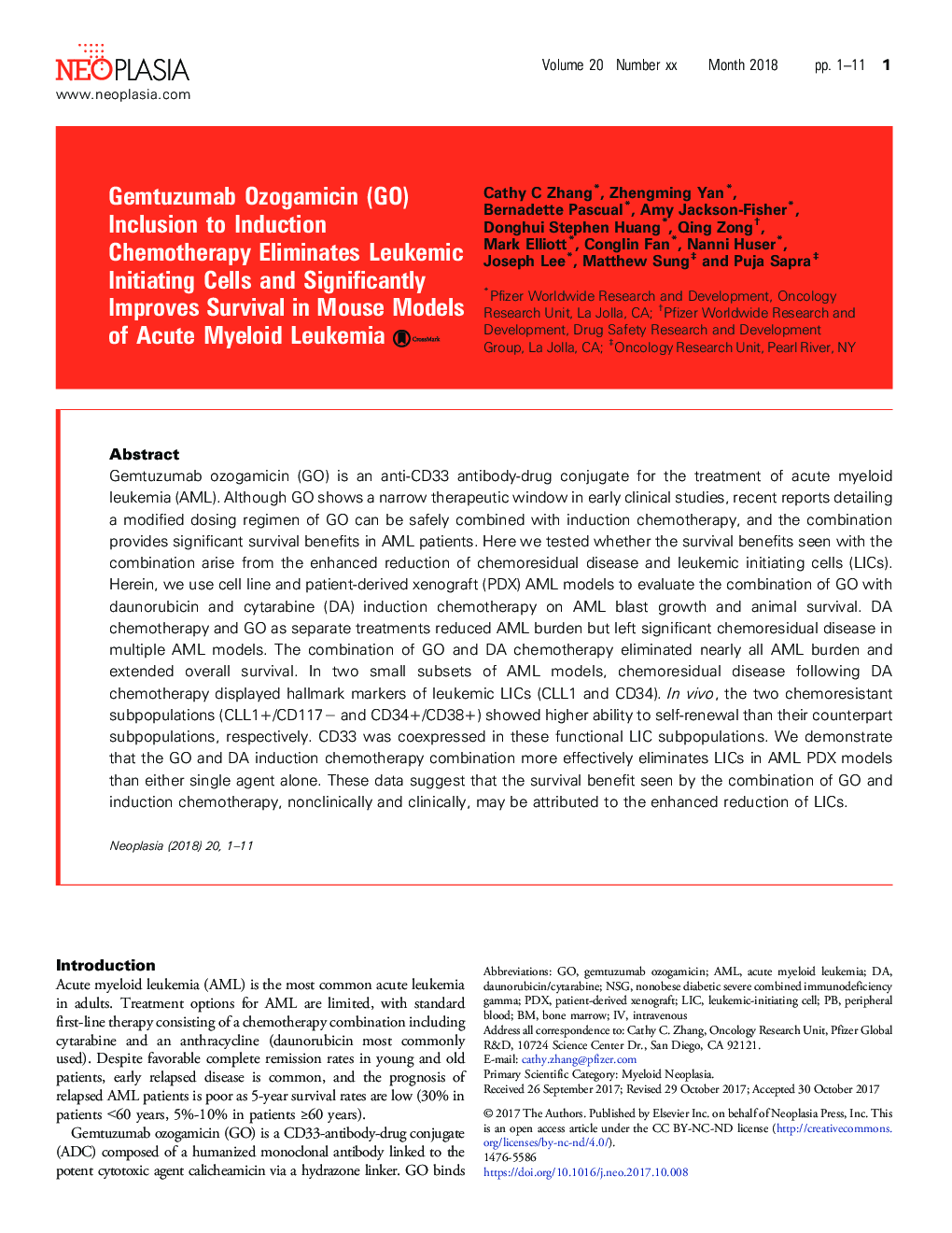 Gemtuzumab Ozogamicin (GO) Inclusion to Induction Chemotherapy Eliminates Leukemic Initiating Cells and Significantly Improves Survival in Mouse Models of Acute Myeloid Leukemia