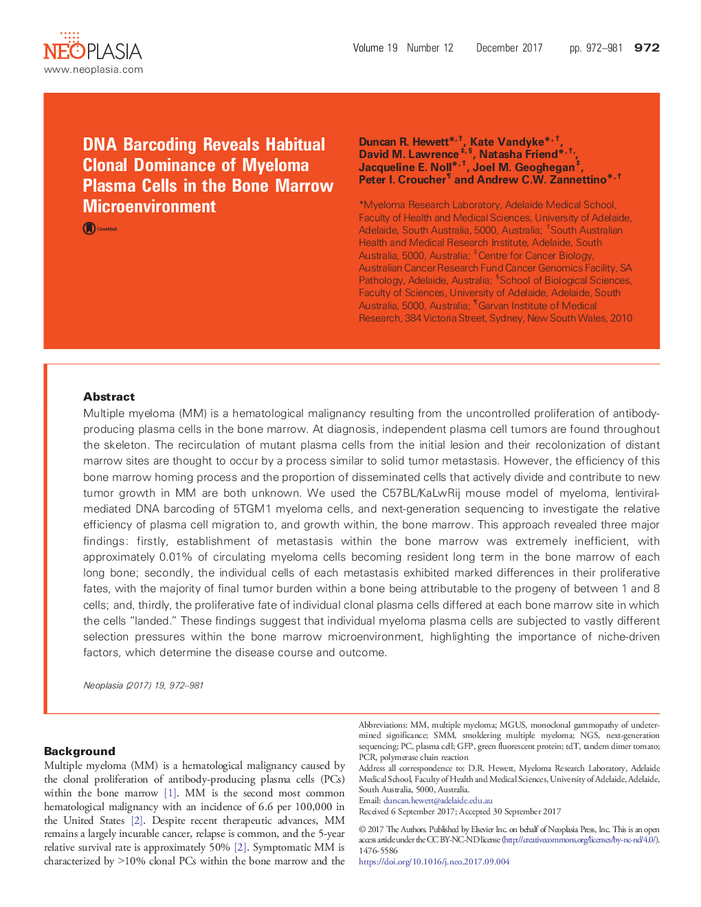 DNA Barcoding Reveals Habitual Clonal Dominance of Myeloma Plasma Cells in the Bone Marrow Microenvironment