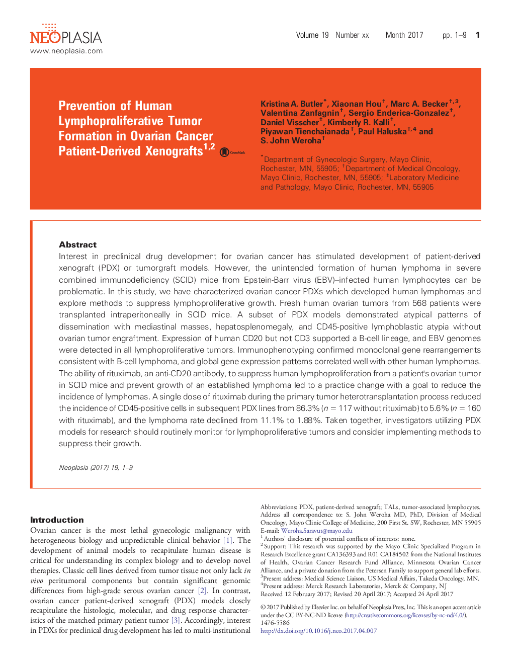 Prevention of Human Lymphoproliferative Tumor Formation in Ovarian Cancer Patient-Derived Xenografts