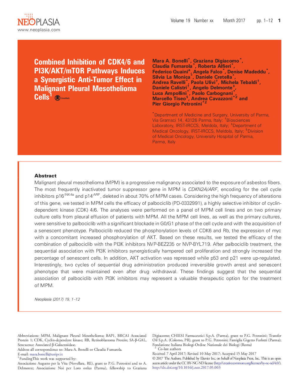 Combined Inhibition of CDK4/6 and PI3K/AKT/mTOR Pathways Induces a Synergistic Anti-Tumor Effect in Malignant Pleural Mesothelioma Cells