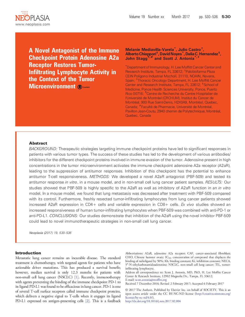 A Novel Antagonist of the Immune Checkpoint Protein Adenosine A2a Receptor Restores Tumor-Infiltrating Lymphocyte Activity in the Context of the Tumor Microenvironment