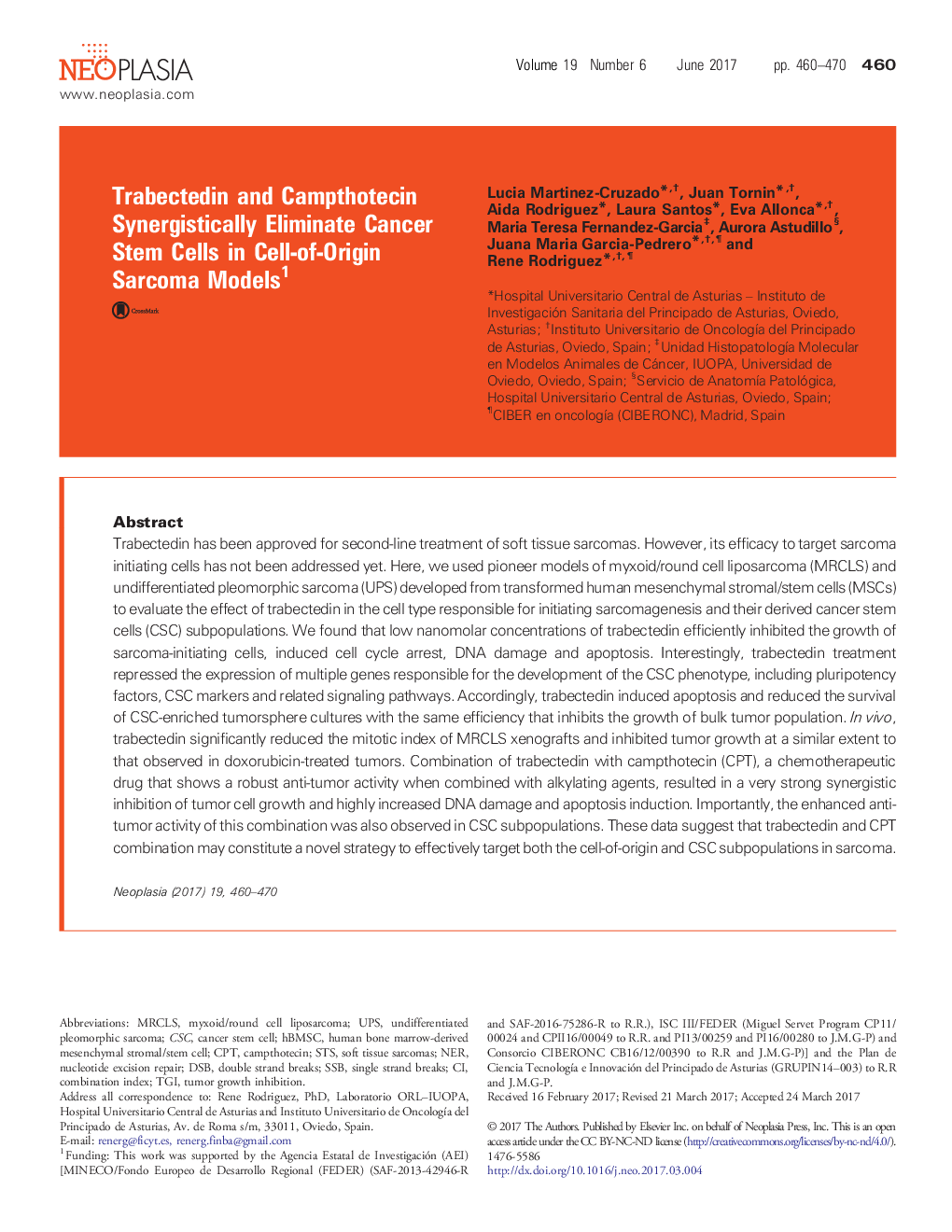 Trabectedin and Campthotecin Synergistically Eliminate Cancer Stem Cells in Cell-of-Origin Sarcoma Models