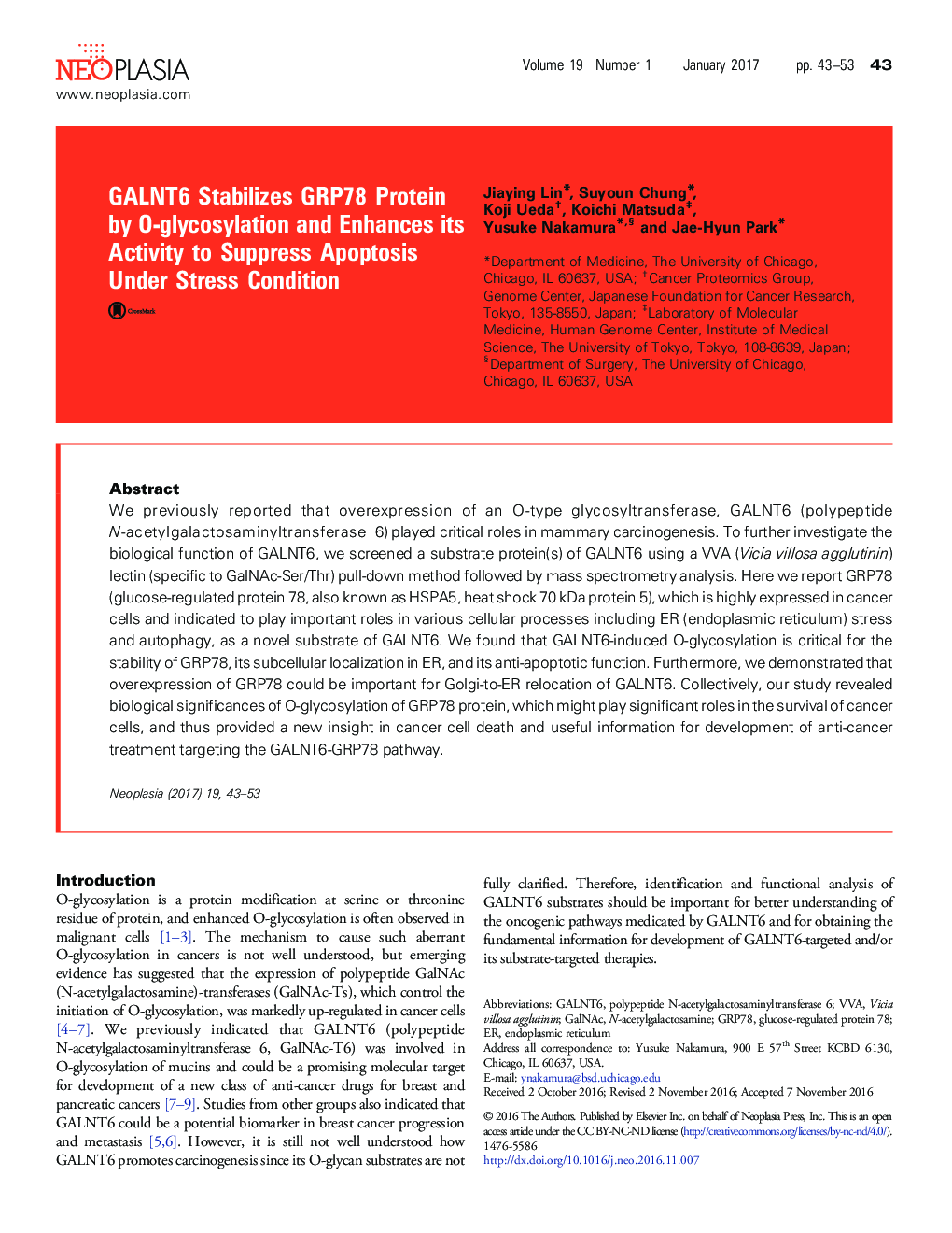 GALNT6 Stabilizes GRP78 Protein by O-glycosylation and Enhances its Activity to Suppress Apoptosis Under Stress Condition
