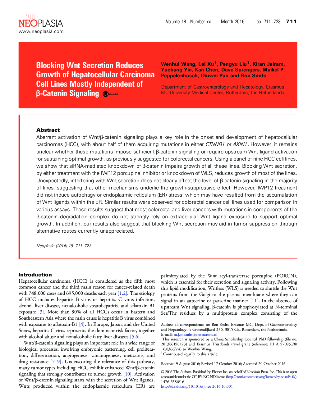 Blocking Wnt Secretion Reduces Growth of Hepatocellular Carcinoma Cell Lines Mostly Independent of Î²-Catenin Signaling