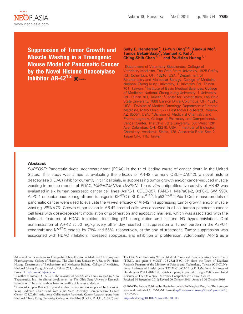Suppression of Tumor Growth and Muscle Wasting in a Transgenic Mouse Model of Pancreatic Cancer by the Novel Histone Deacetylase Inhibitor AR-42