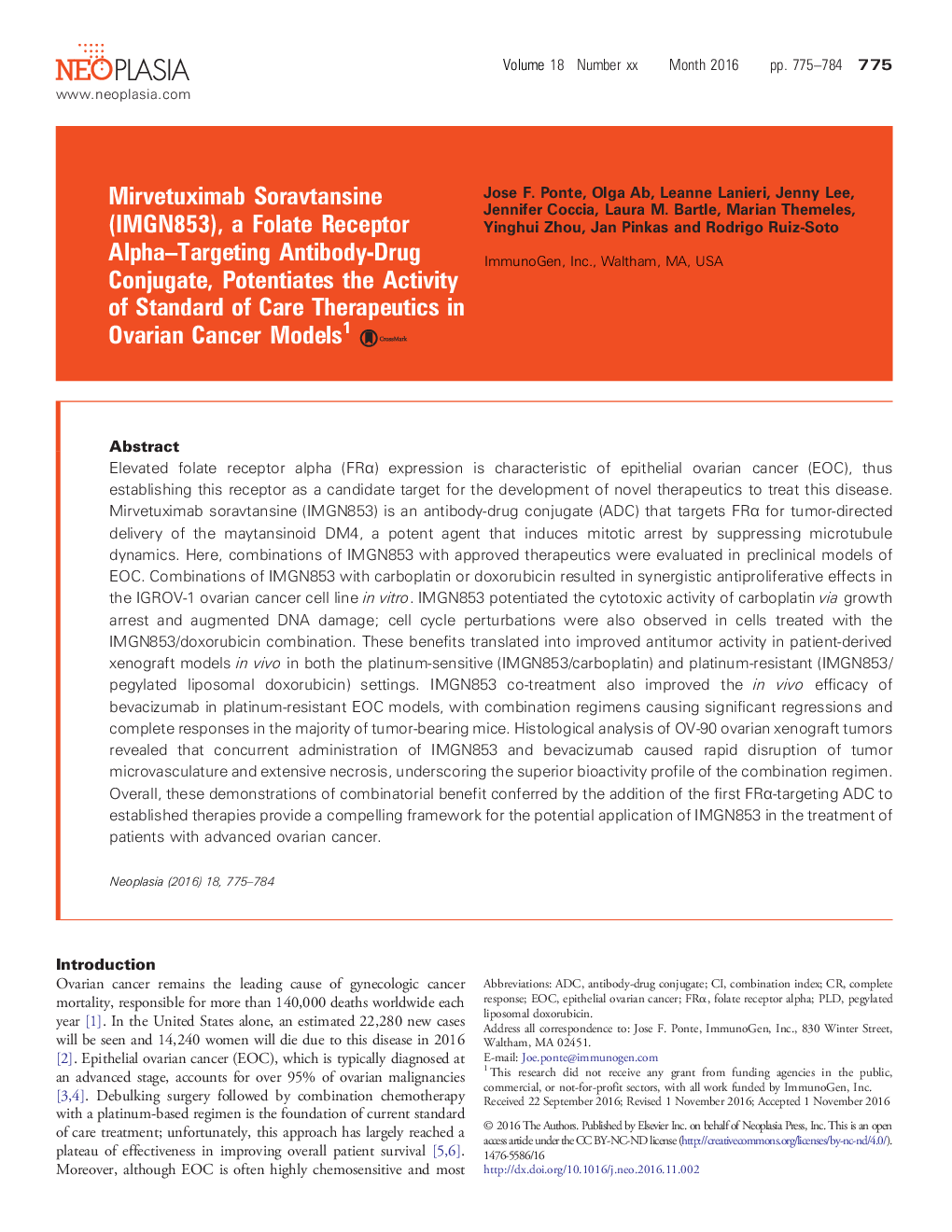 Mirvetuximab Soravtansine (IMGN853), a Folate Receptor Alpha-Targeting Antibody-Drug Conjugate, Potentiates the Activity of Standard of Care Therapeutics in Ovarian Cancer Models