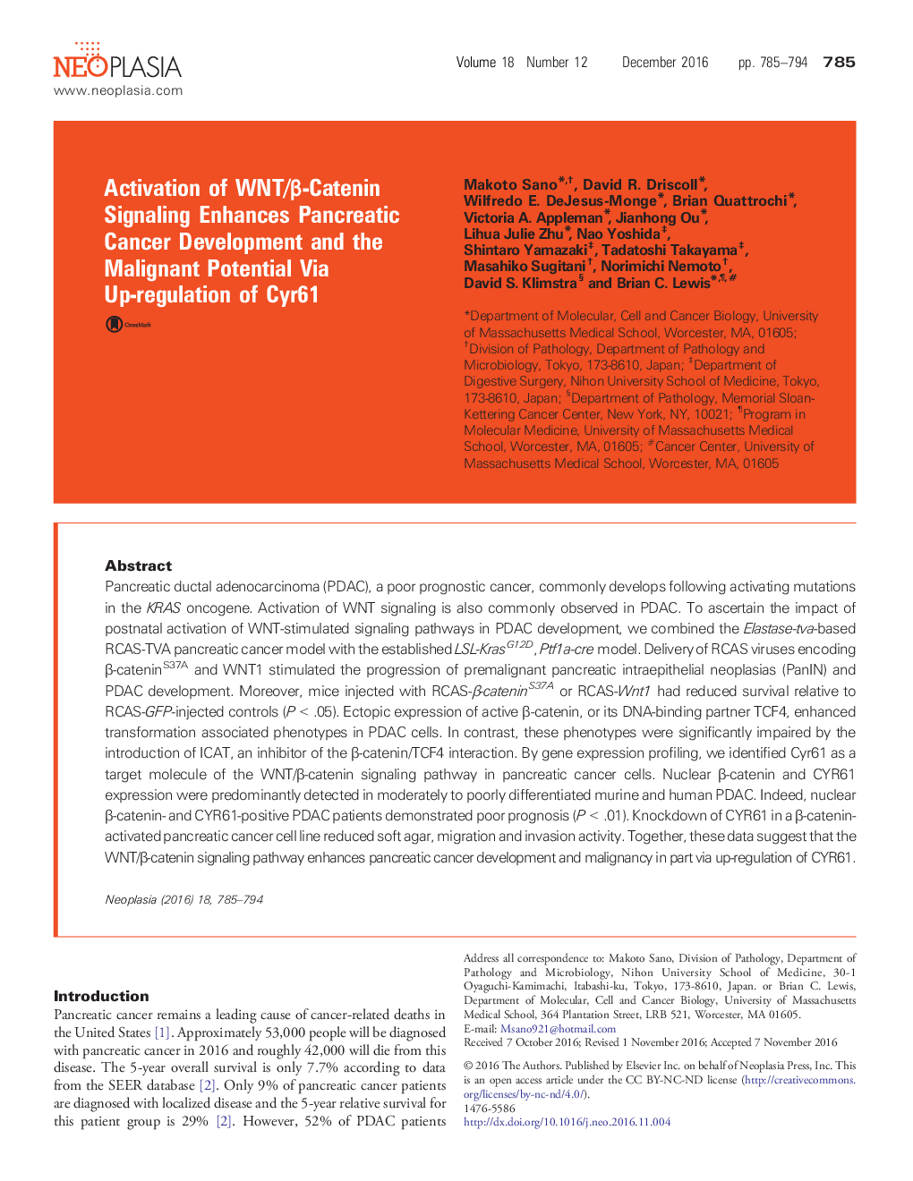 Activation of WNT/Î²-Catenin Signaling Enhances Pancreatic Cancer Development and the Malignant Potential Via Up-regulation of Cyr61