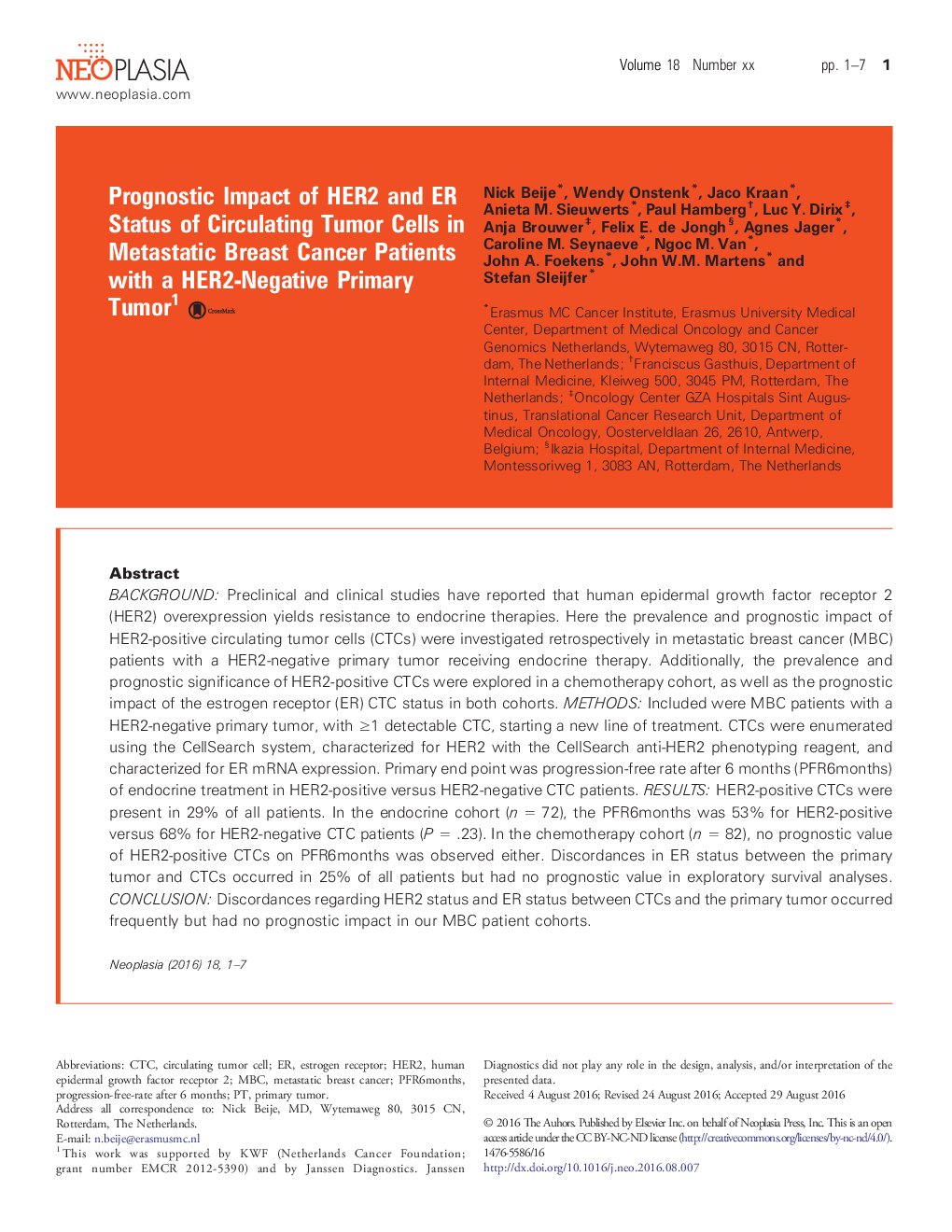 Prognostic Impact of HER2 and ER Status of Circulating Tumor Cells in Metastatic Breast Cancer Patients with a HER2-Negative Primary Tumor