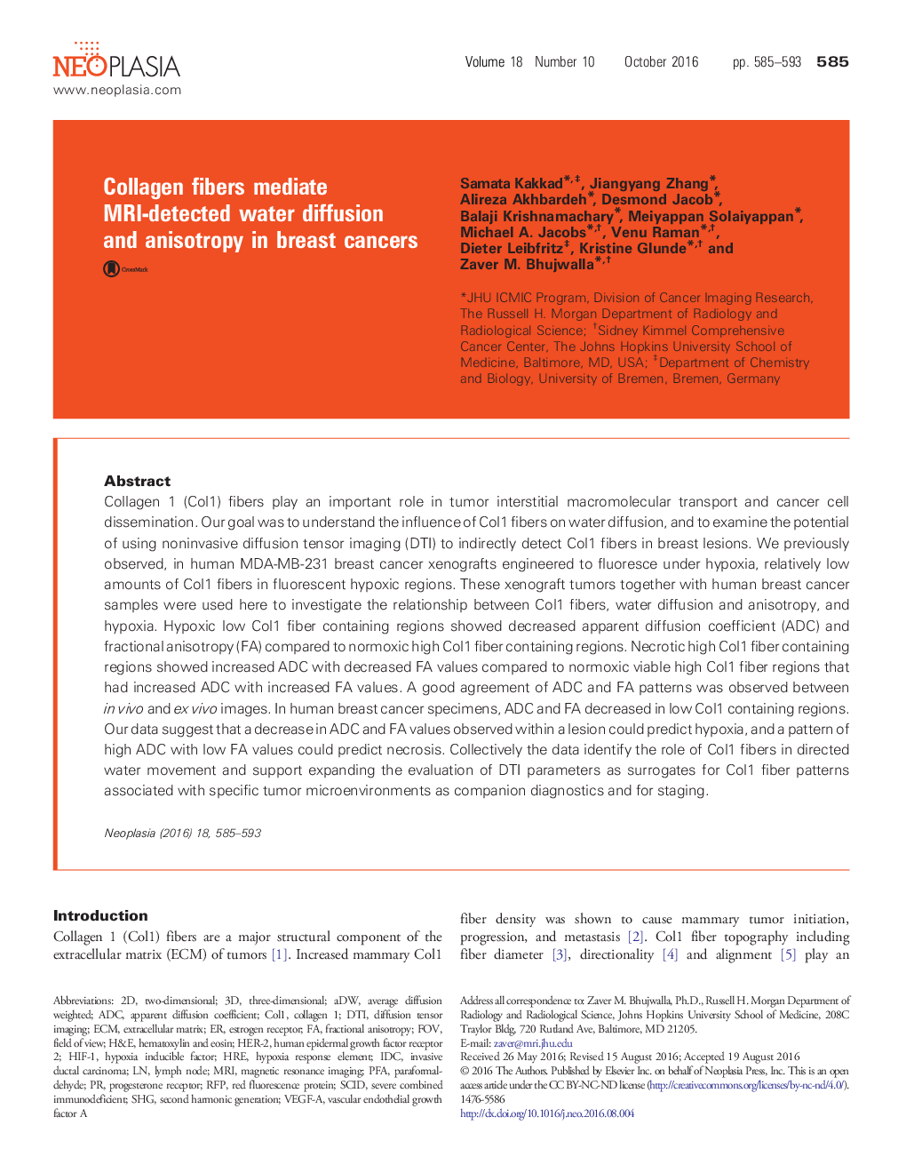 Collagen fibers mediate MRI-detected water diffusion and anisotropy in breast cancers