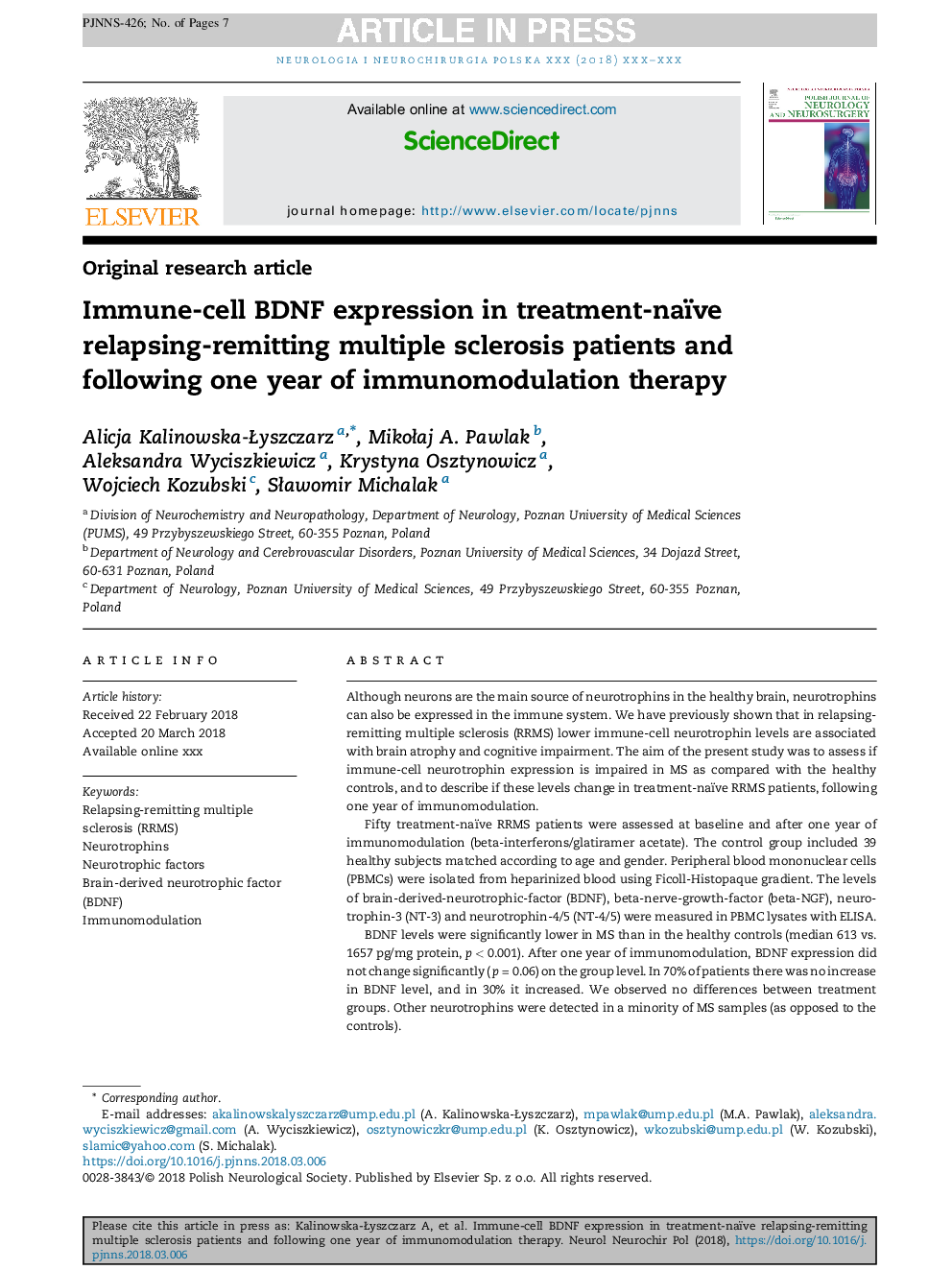 Immune-cell BDNF expression in treatment-naïve relapsing-remitting multiple sclerosis patients and following one year of immunomodulation therapy