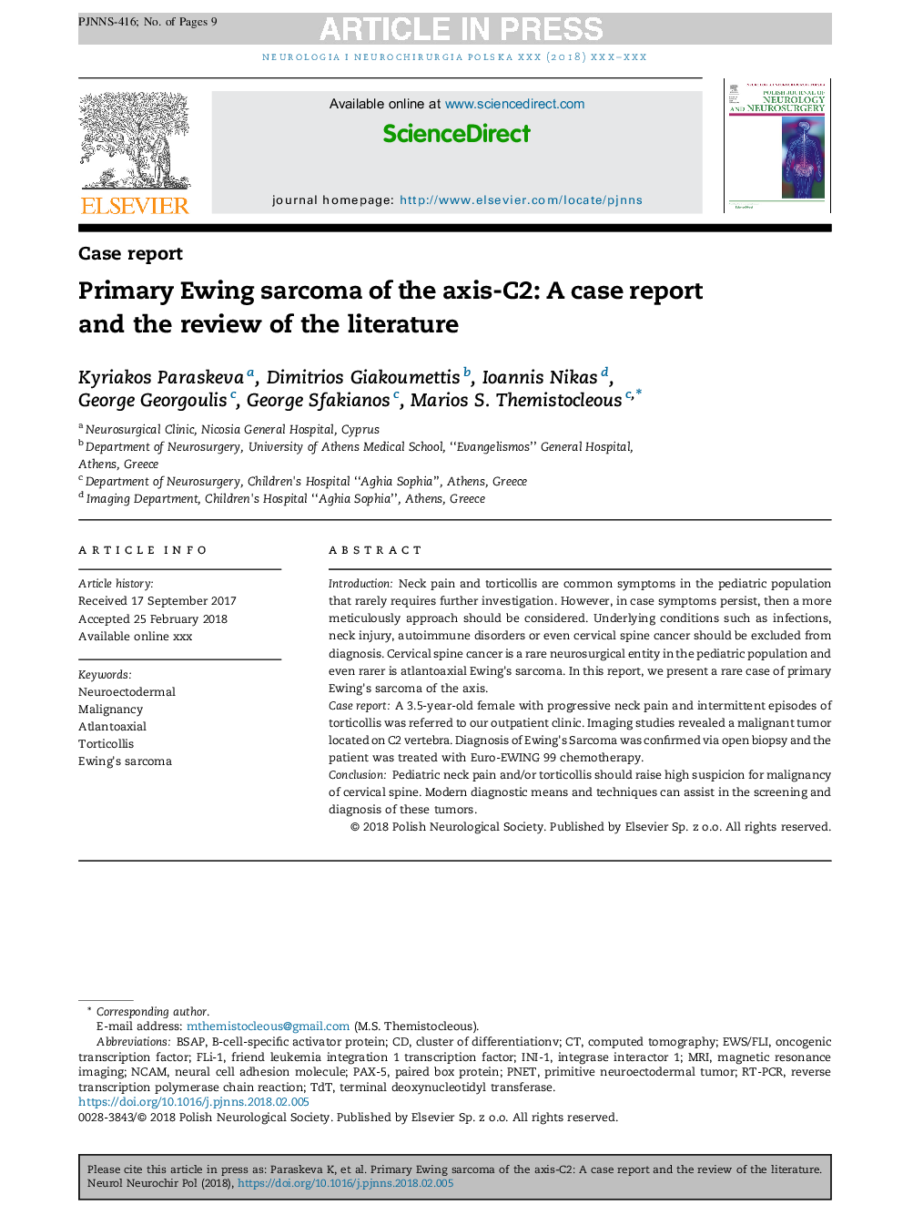 Primary Ewing sarcoma of the axis-C2: A case report and the review of the literature