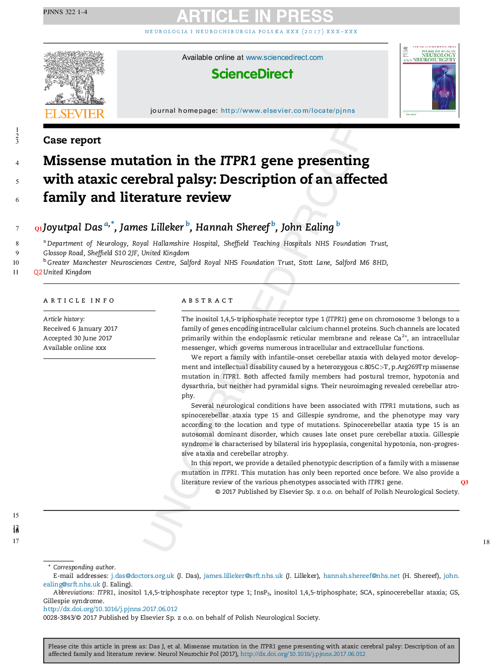 Missense mutation in the ITPR1 gene presenting with ataxic cerebral palsy: Description of an affected family and literature review