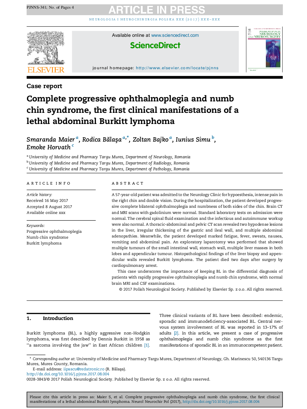 Complete progressive ophthalmoplegia and numb chin syndrome, the first clinical manifestations of a lethal abdominal Burkitt lymphoma