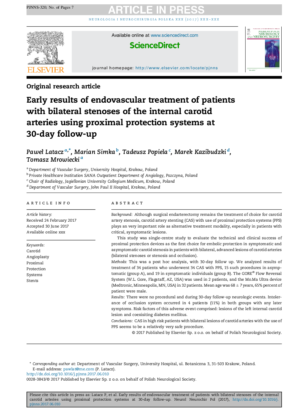 Early results of endovascular treatment of patients with bilateral stenoses of the internal carotid arteries using proximal protection systems at 30-day follow-up