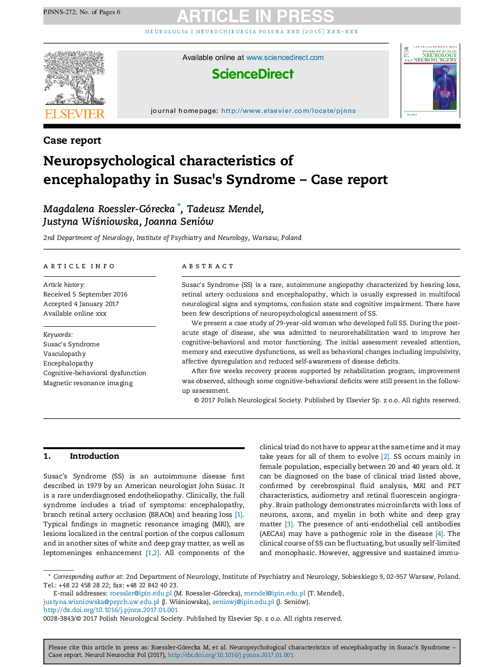 Neuropsychological characteristics of encephalopathy in Susac's Syndrome - Case report