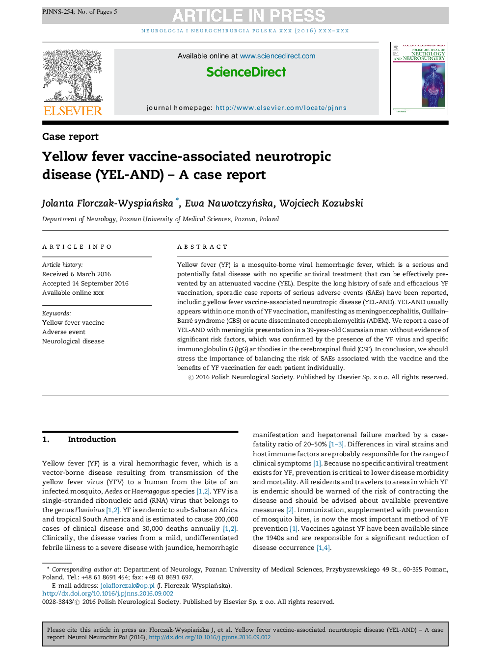 Yellow fever vaccine-associated neurotropic disease (YEL-AND) - A case report