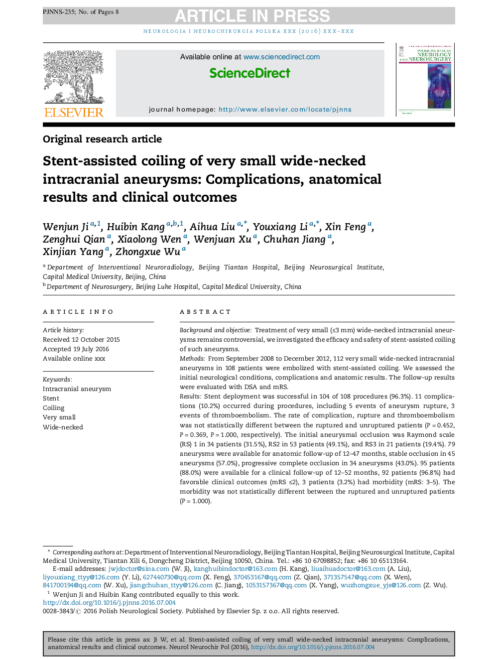 Stent-assisted coiling of very small wide-necked intracranial aneurysms: Complications, anatomical results and clinical outcomes