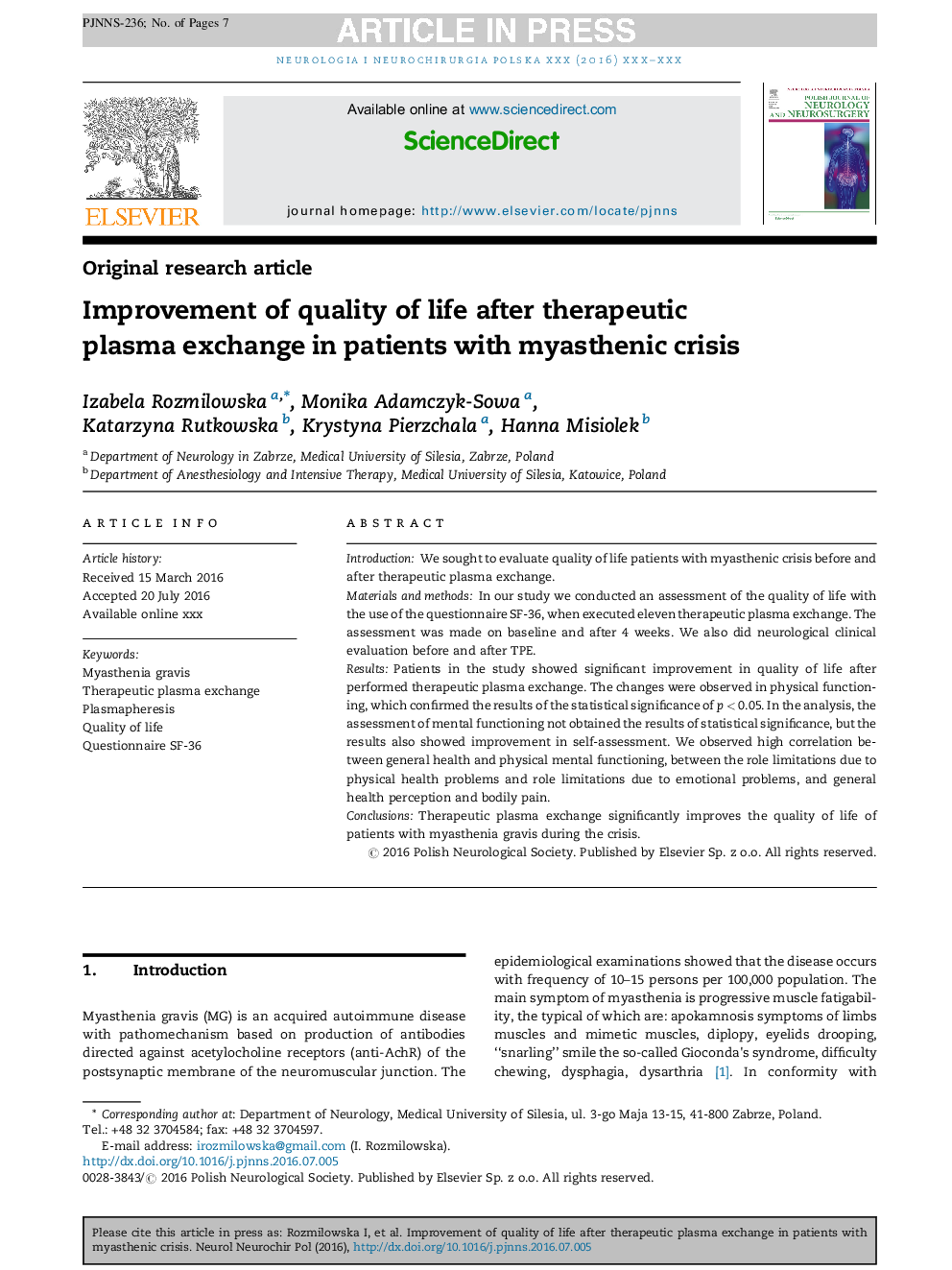 Improvement of quality of life after therapeutic plasma exchange in patients with myasthenic crisis